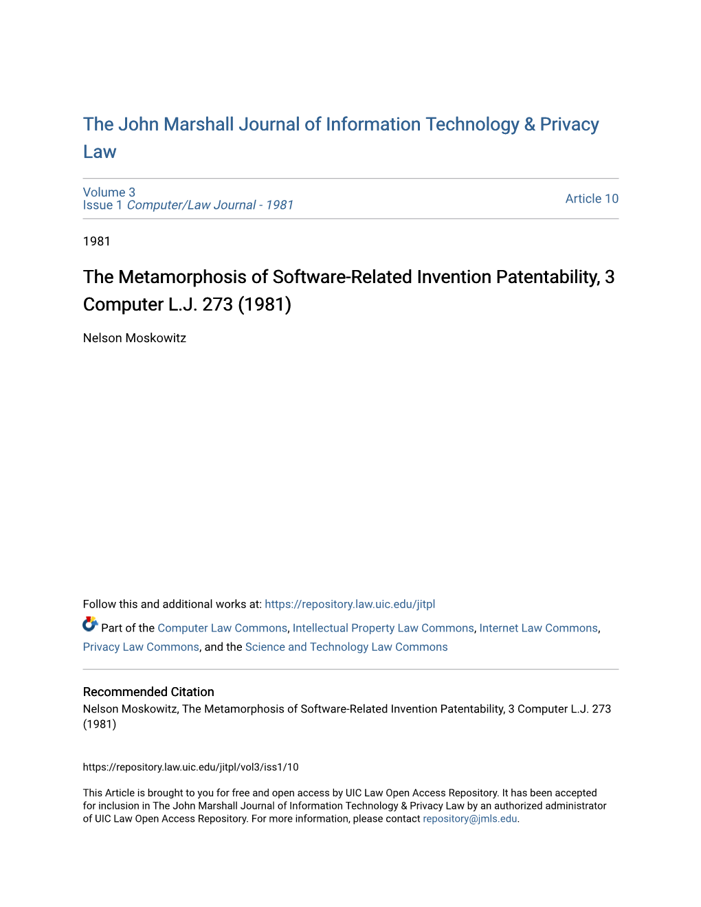 The Metamorphosis of Software-Related Invention Patentability, 3 Computer L.J