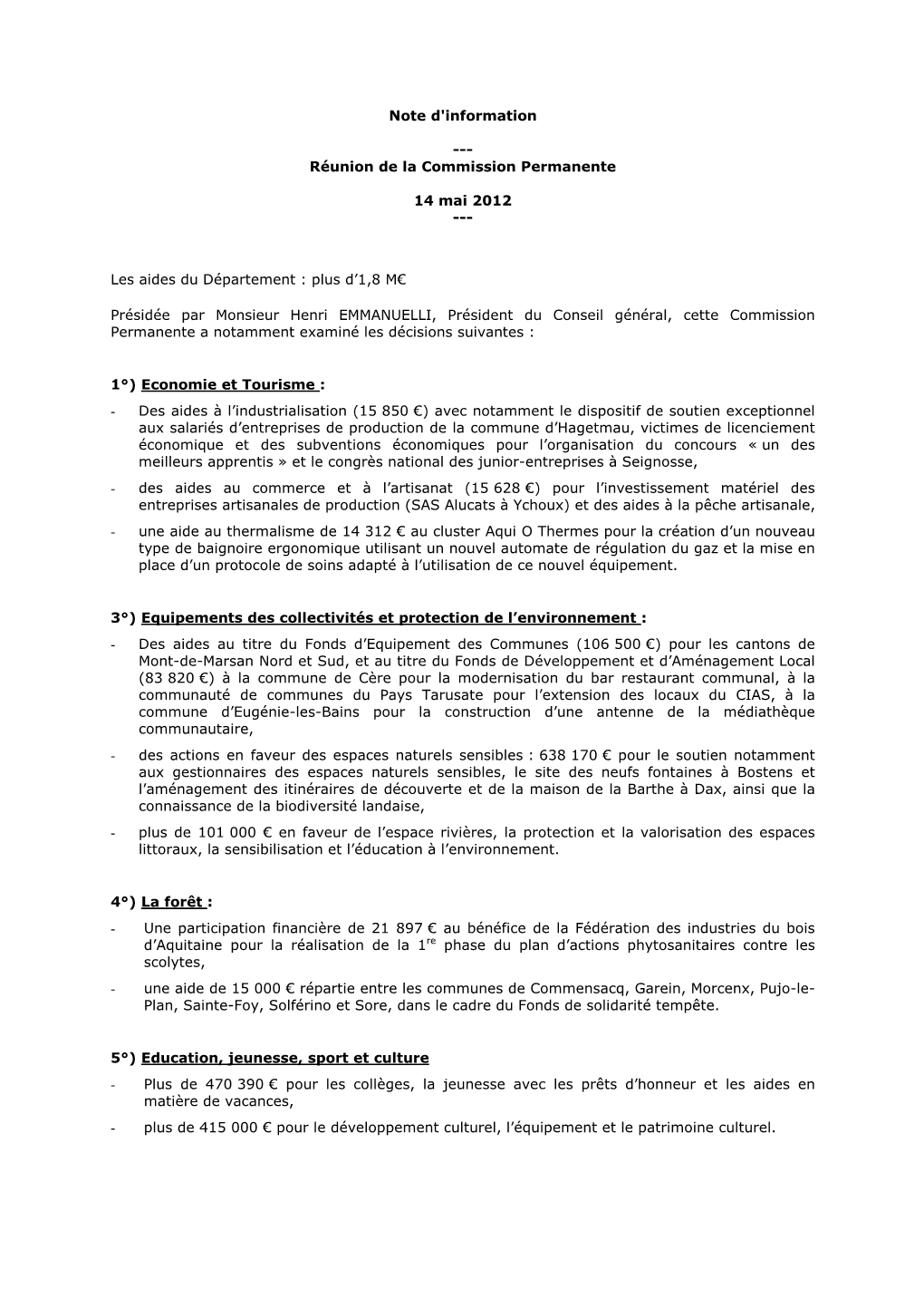 Réunion De La Commission Permanente 14 Mai 2012