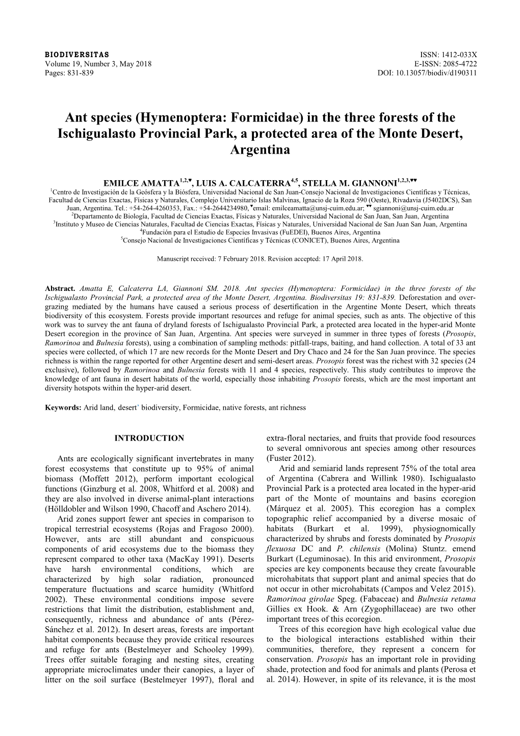 Ant Species (Hymenoptera: Formicidae) in the Three Forests of the Ischigualasto Provincial Park, a Protected Area of the Monte Desert, Argentina