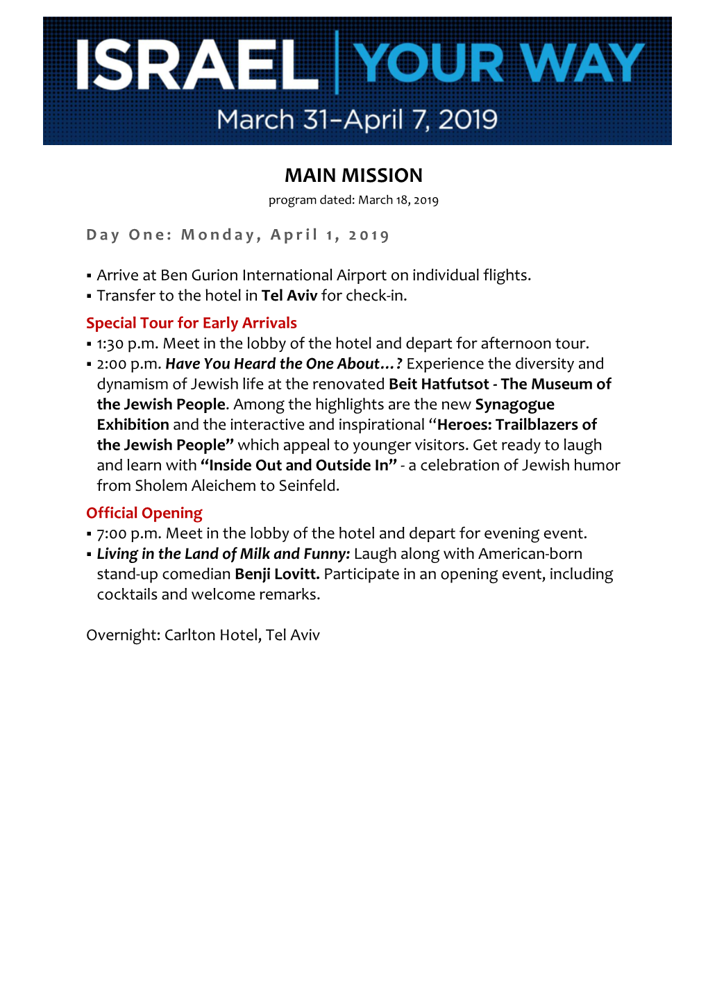 MAIN MISSION Program Dated: March 18, 2019