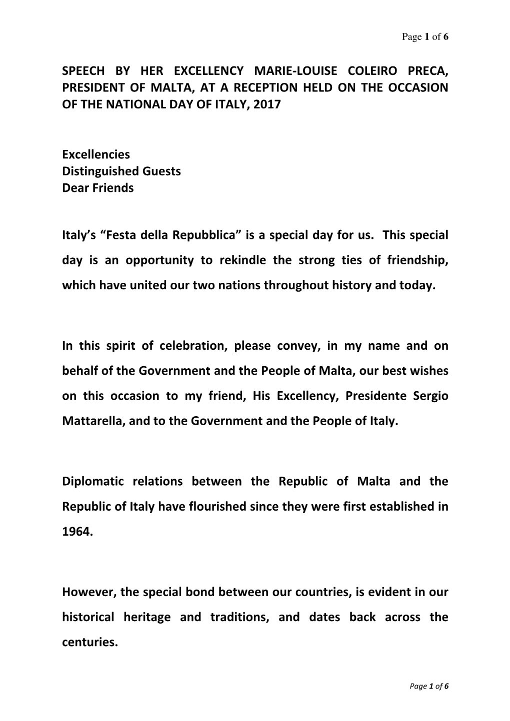 Speech by Her Excellency Marie-Louise Coleiro Preca, President of Malta, at a Reception Held on the Occasion of the National Day of Italy, 2017