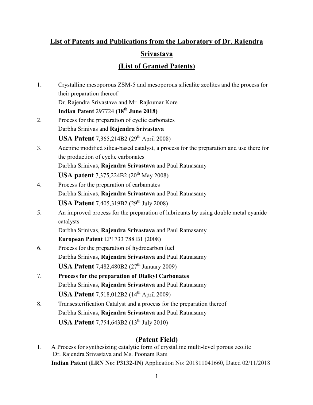 List of Granted Patents) (Patent Field