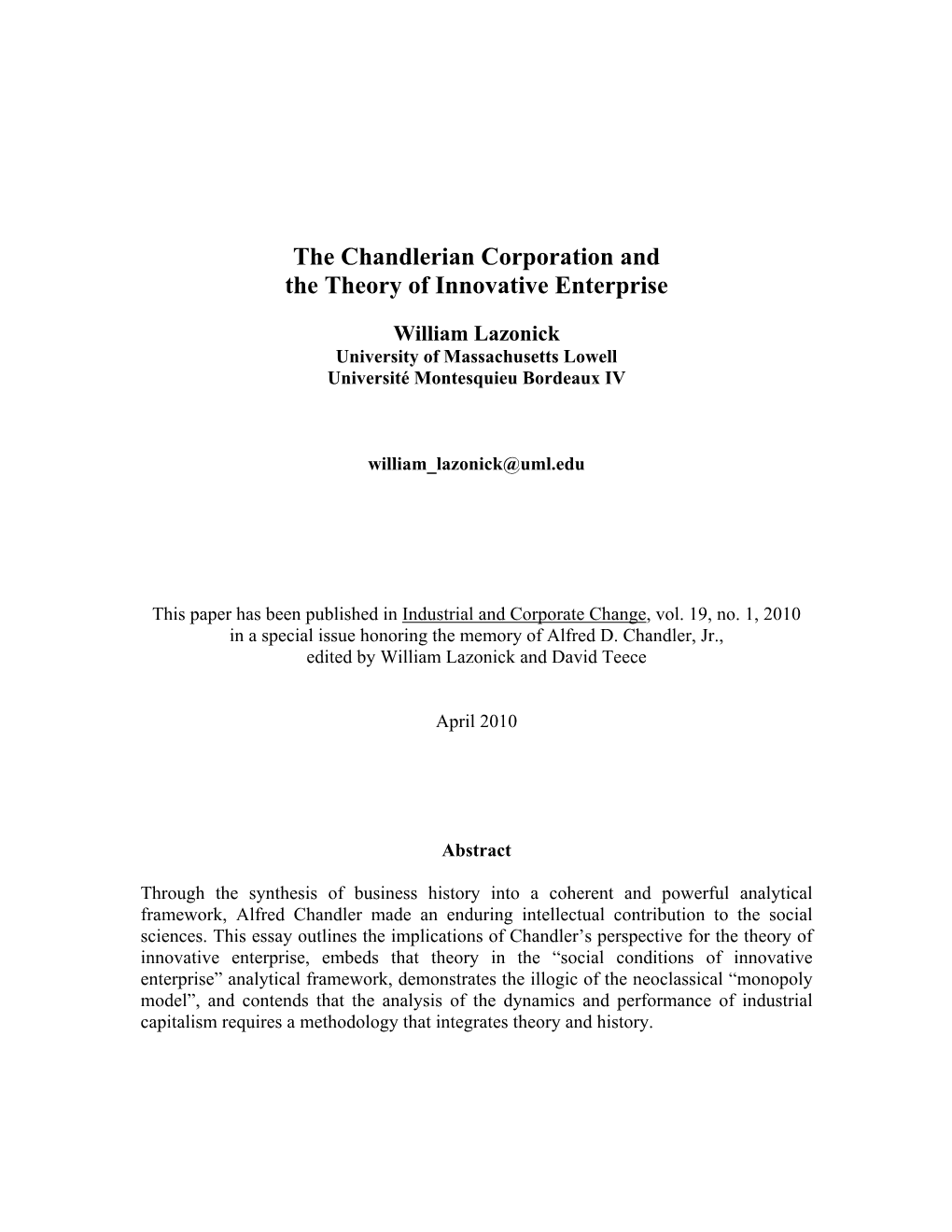 The Chandlerian Corporation and the Theory of Innovative Enterprise