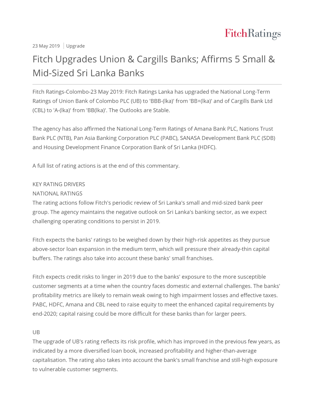 Fitch Upgrades Union & Cargills Banks; Affirms 5 Small & Mid-Sized