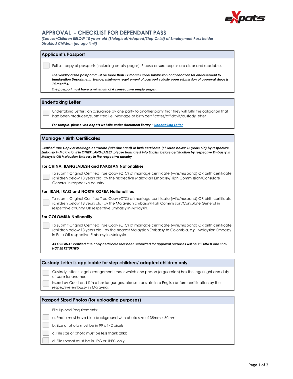 APPROVAL - CHECKLIST for DEPENDANT PASS (Spouse/Children BELOW 18 Years Old (Biological/Adopted/Step Child) of Employment Pass Holder Disabled Children (No Age Limit)