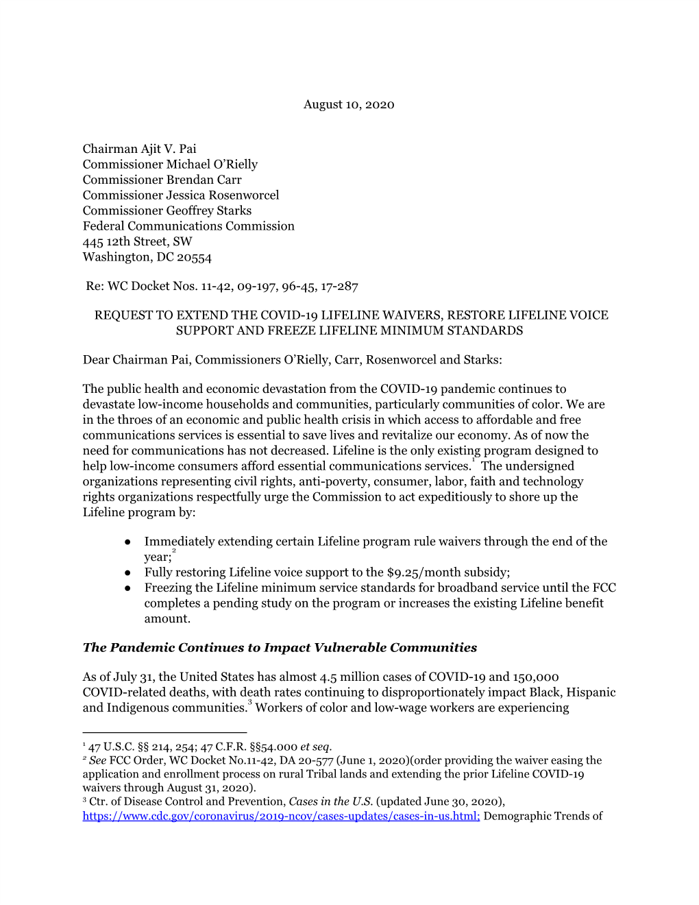 Group Letter to the FCC Requesting Extensions to the Covid-19 Lifeline