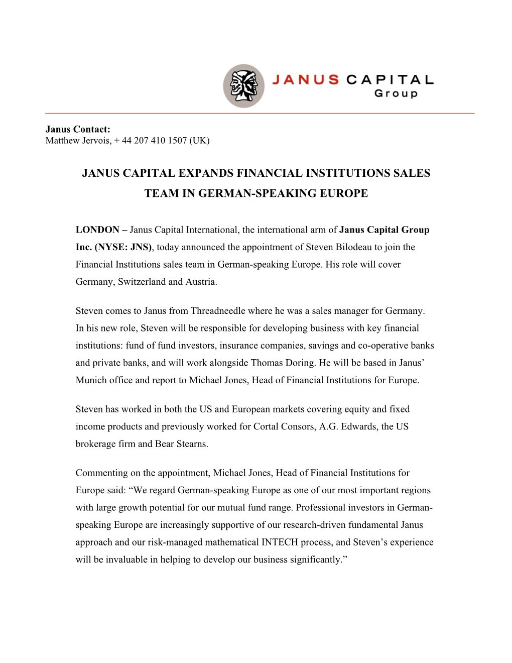 Janus Capital Expands Financial Institutions Sales Team in German-Speaking Europe