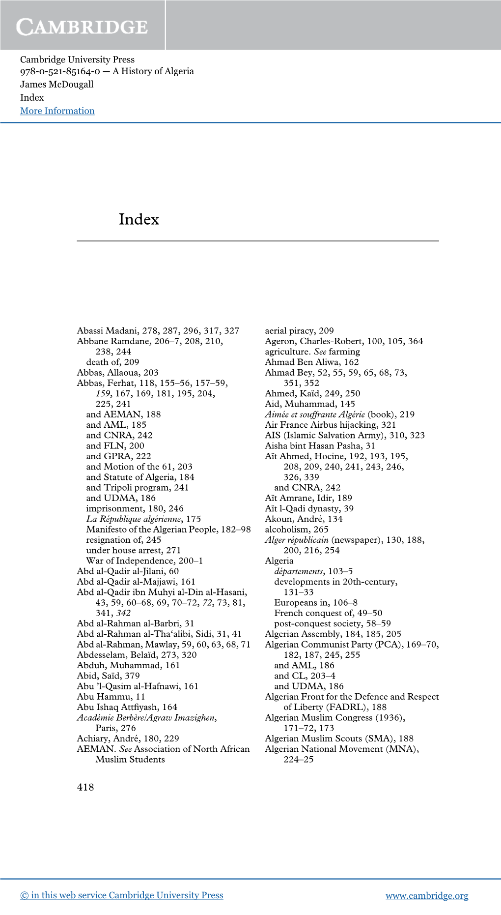 Cambridge University Press 978-0-521-85164-0 — a History of Algeria James Mcdougall Index More Information