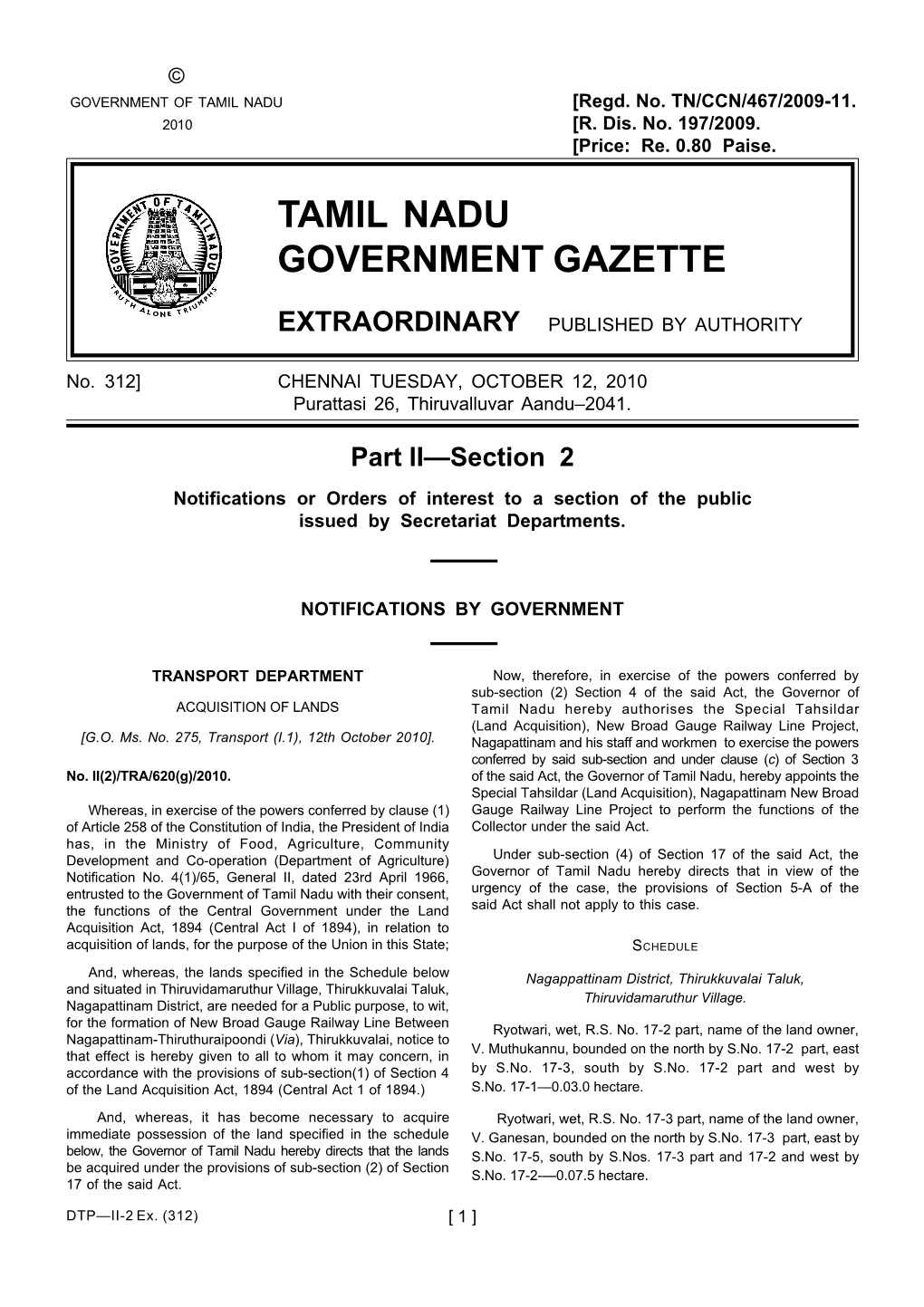 Tamil Nadu Government Gazette Extraordinary