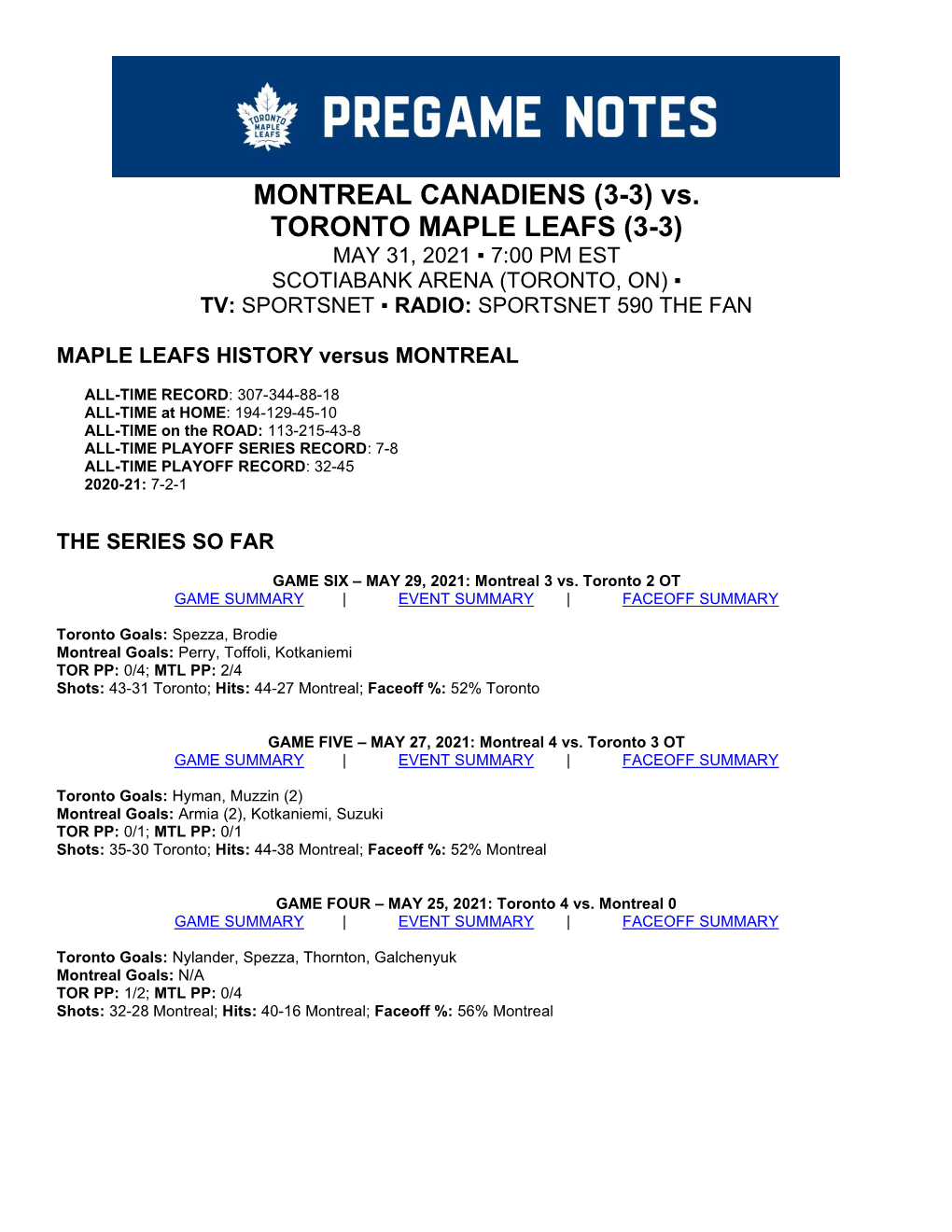 MONTREAL CANADIENS (3-3) Vs. TORONTO MAPLE LEAFS (3-3) MAY 31, 2021 ▪ 7:00 PM EST SCOTIABANK ARENA (TORONTO, ON) ▪ TV: SPORTSNET ▪ RADIO: SPORTSNET 590 the FAN