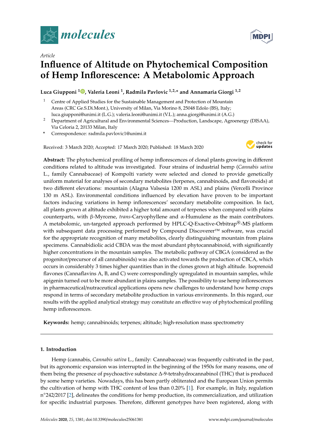 Influence of Altitude on Phytochemical Composition of Hemp Inflorescence