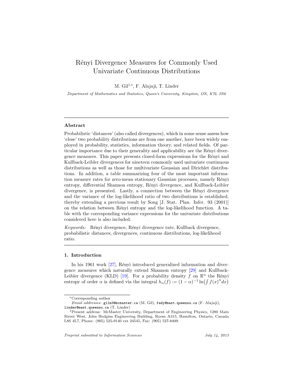 Rényi Divergence Measures for Commonly Used Univariate