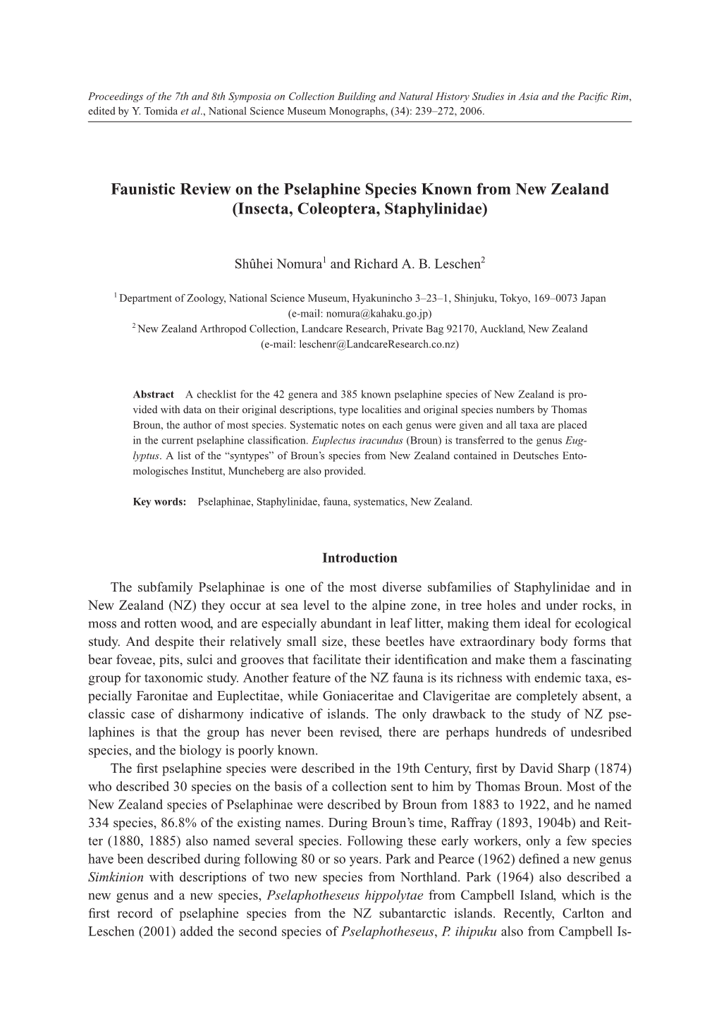 Faunistic Review on the Pselaphine Species Known from New Zealand (Insecta, Coleoptera, Staphylinidae)