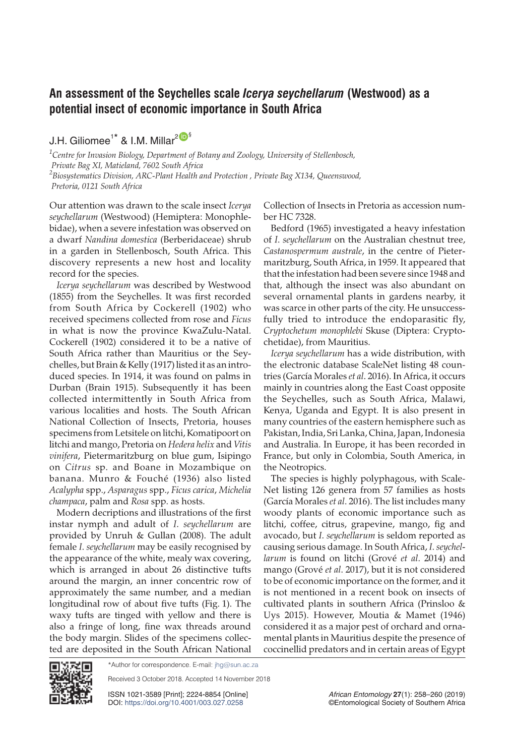 An Assessment of the Seychelles Scale Icerya Seychellarum (Westwood) As a Potential Insect of Economic Importance in South Africa