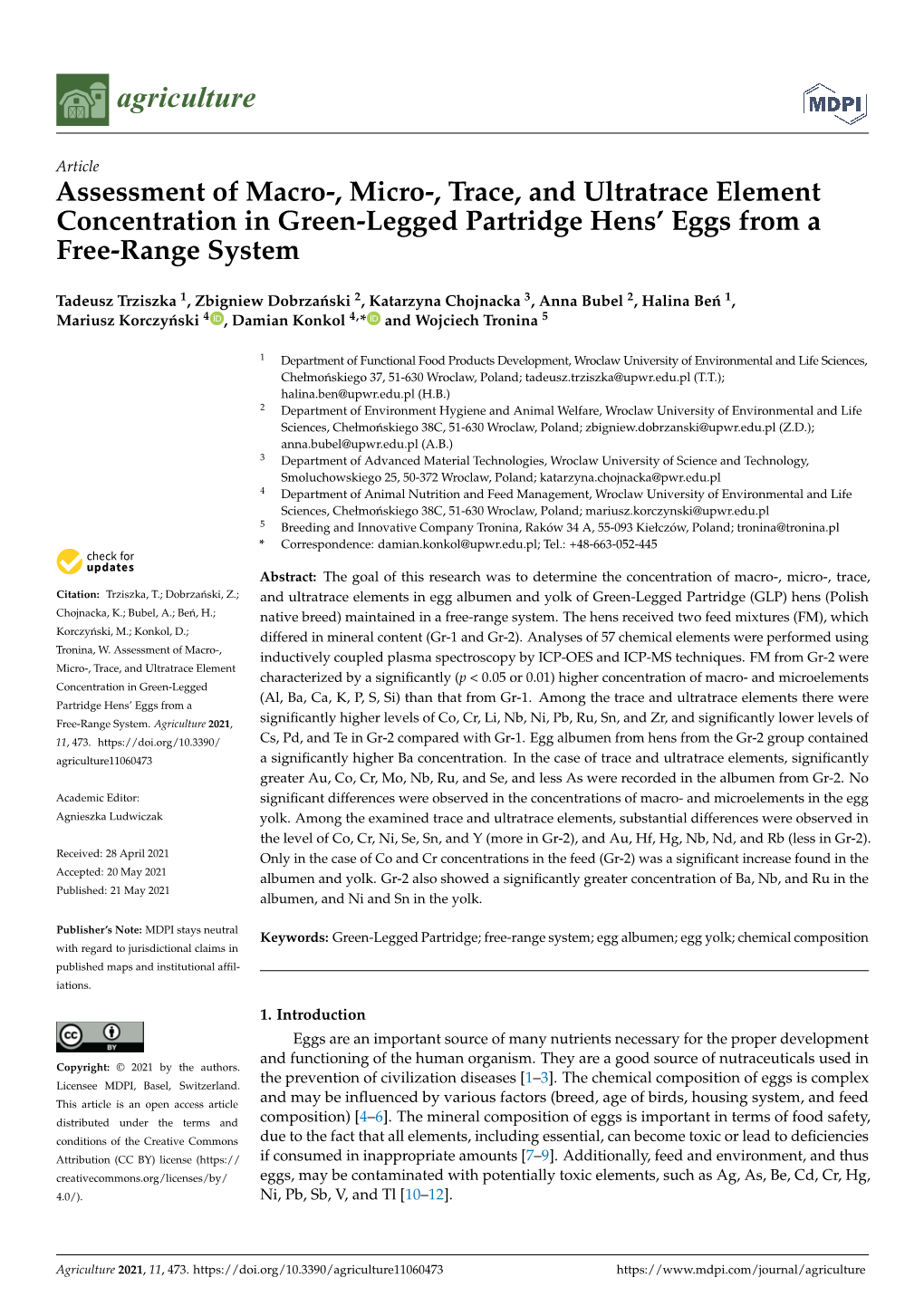 Assessment of Macro-, Micro-, Trace, and Ultratrace Element Concentration in Green-Legged Partridge Hens’ Eggs from a Free-Range System