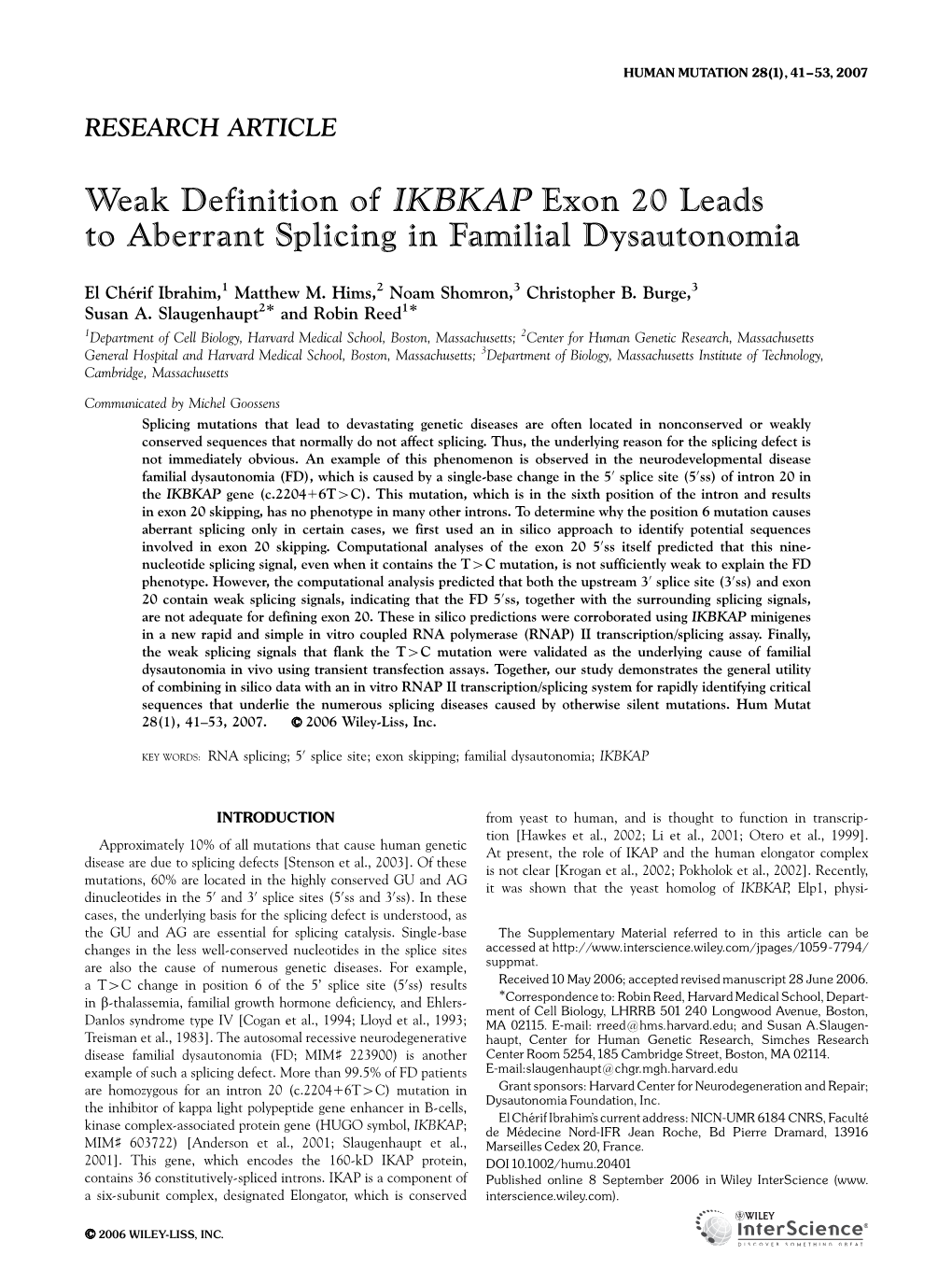 Weak Definition of IKBKAP Exon 20 Leads to Aberrant Splicing in Familial Dysautonomia