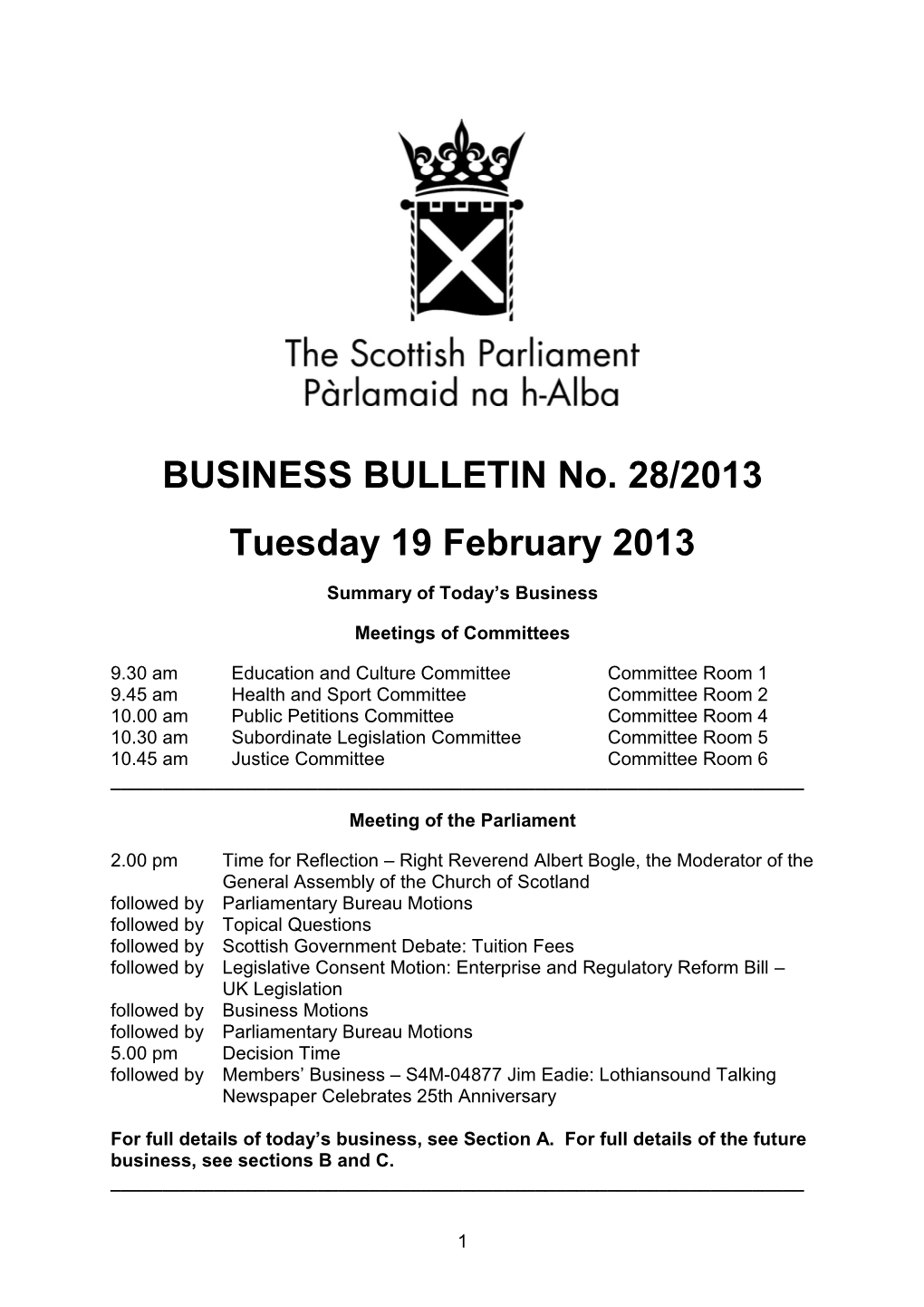 BUSINESS BULLETIN No. 28/2013 Tuesday 19 February 2013
