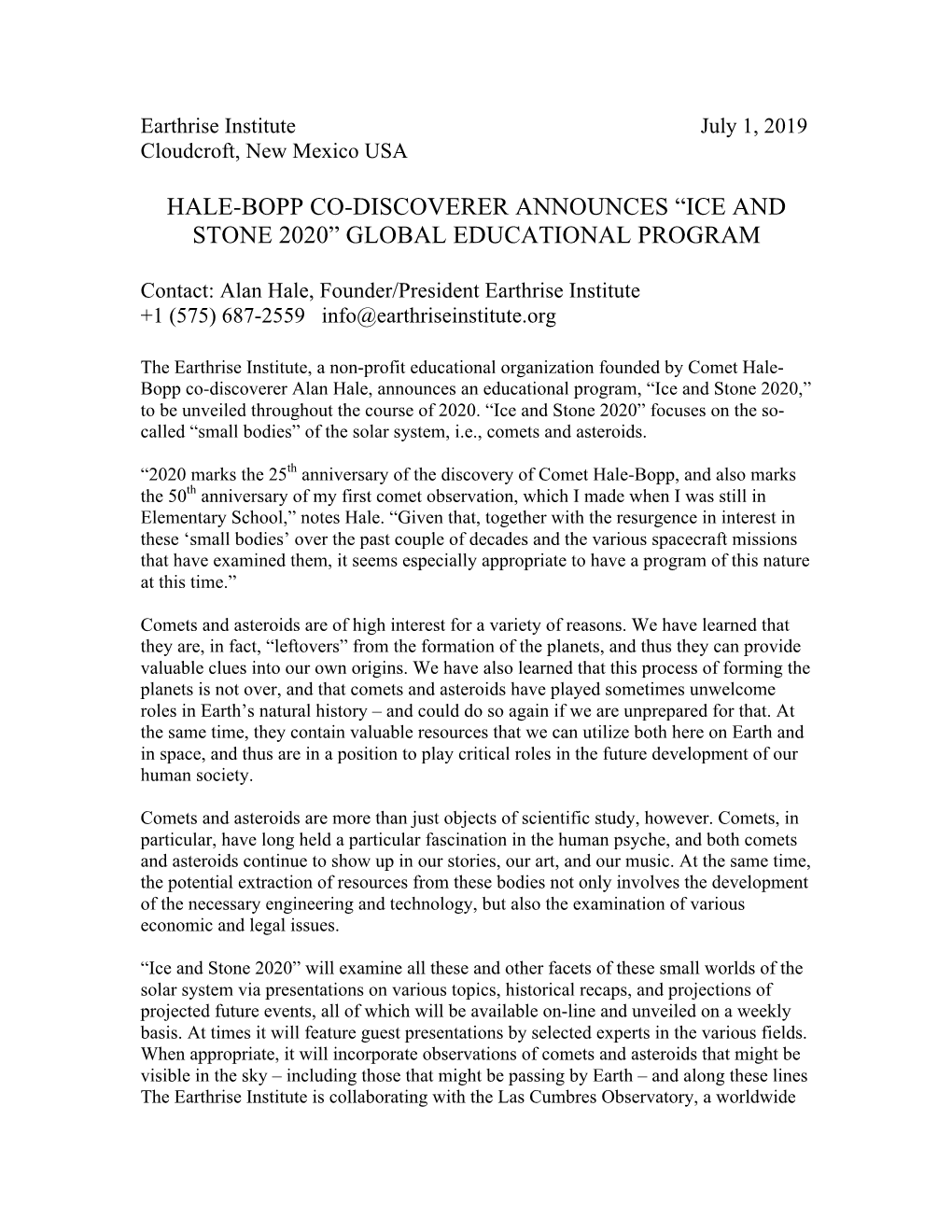 Hale-Bopp Co-Discoverer Announces “Ice and Stone 2020” Global Educational Program