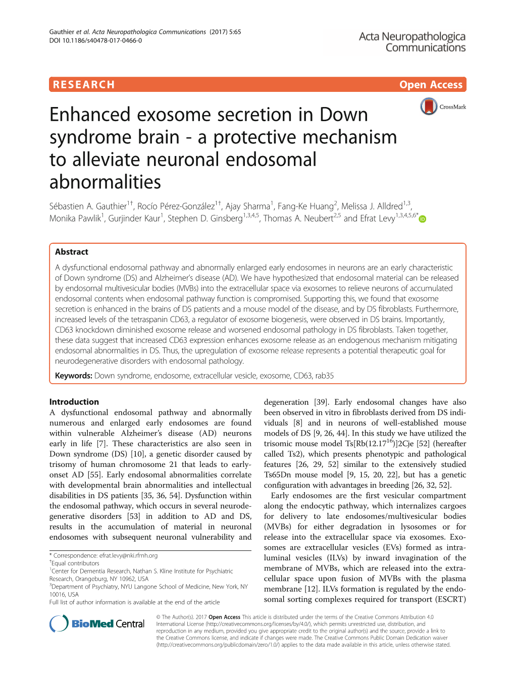 Enhanced Exosome Secretion in Down Syndrome Brain - a Protective Mechanism to Alleviate Neuronal Endosomal Abnormalities Sébastien A