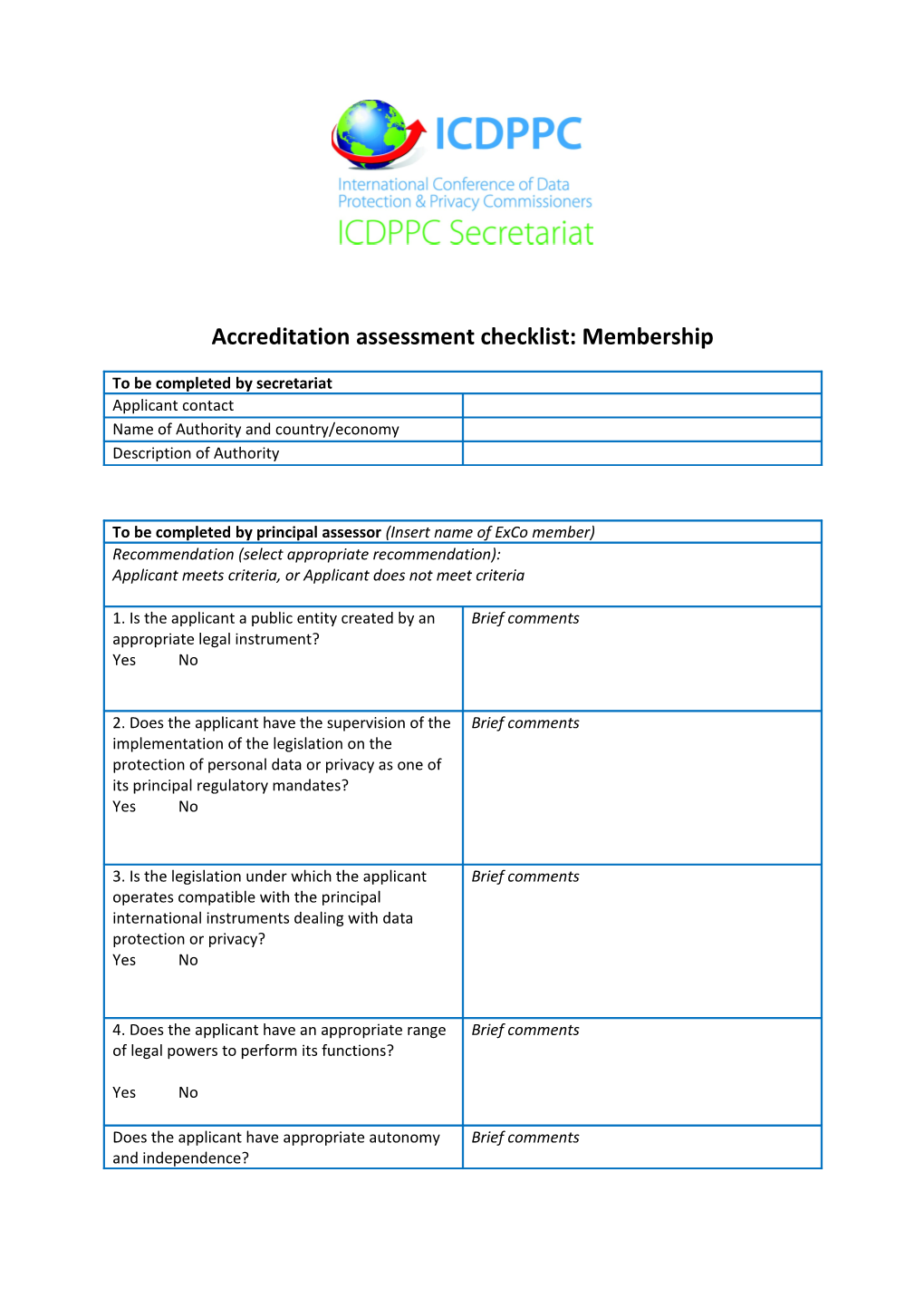 Accreditation Assessment Checklist: Membership