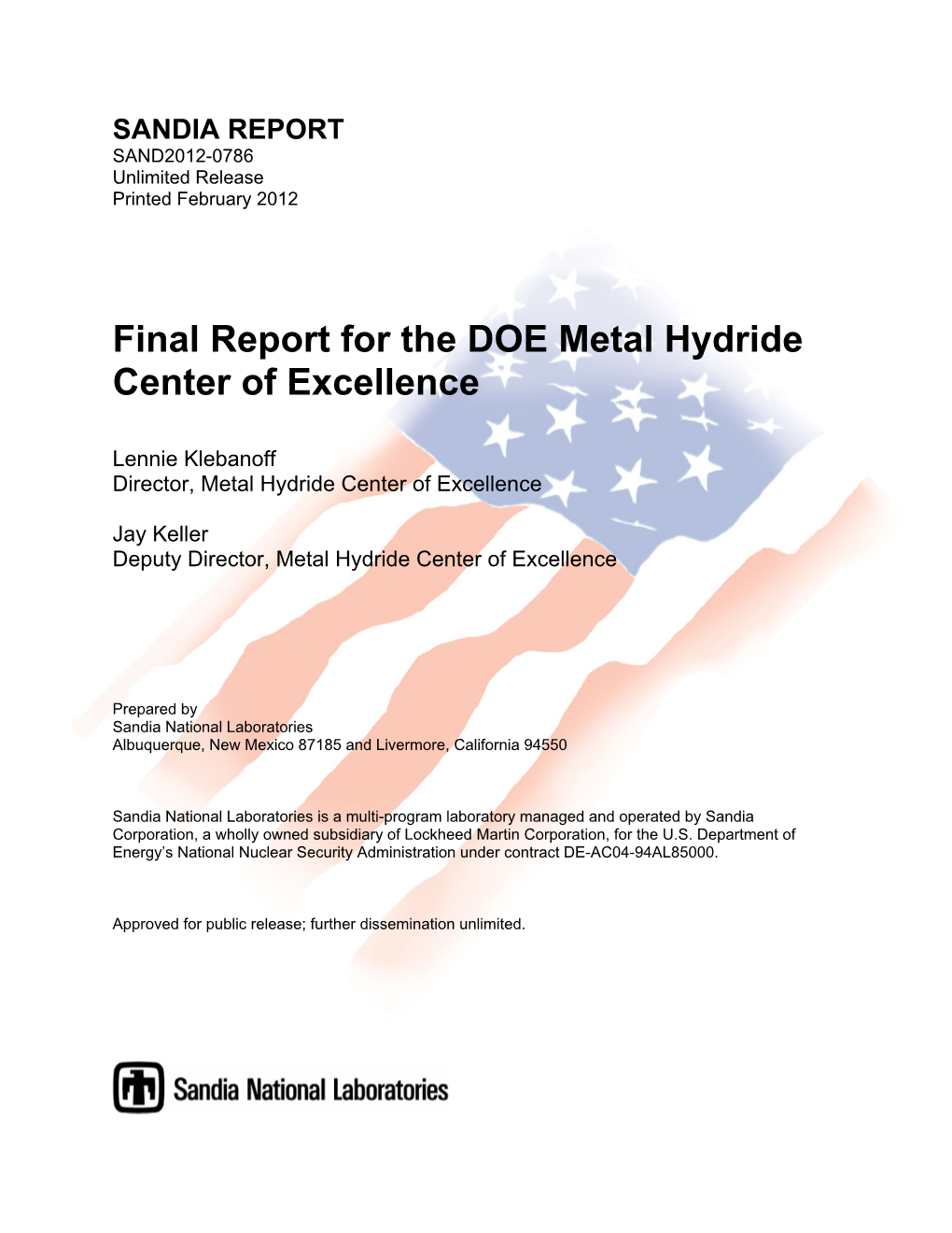 Final Report for the DOE Metal Hydride Center of Excellence