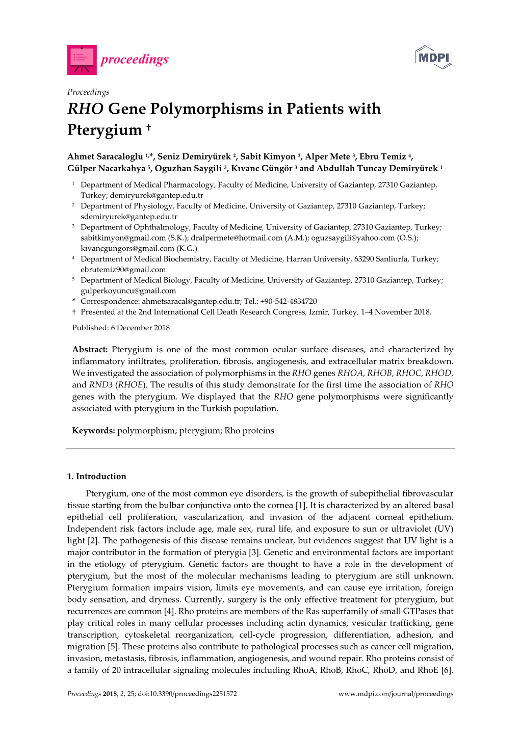 RHO Gene Polymorphisms in Patients with Pterygium †