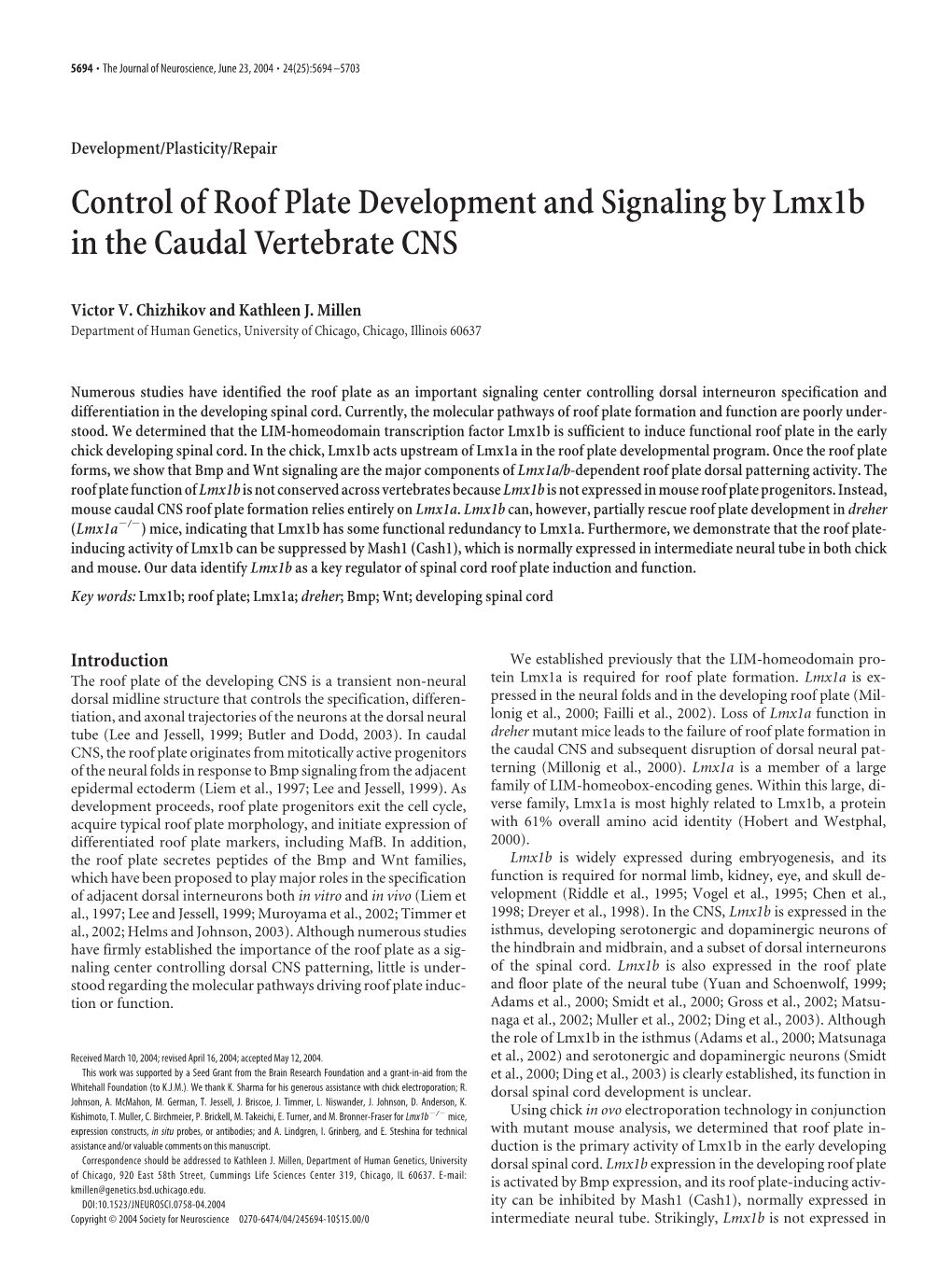 Control of Roof Plate Development and Signaling by Lmx1b in the Caudal Vertebrate CNS