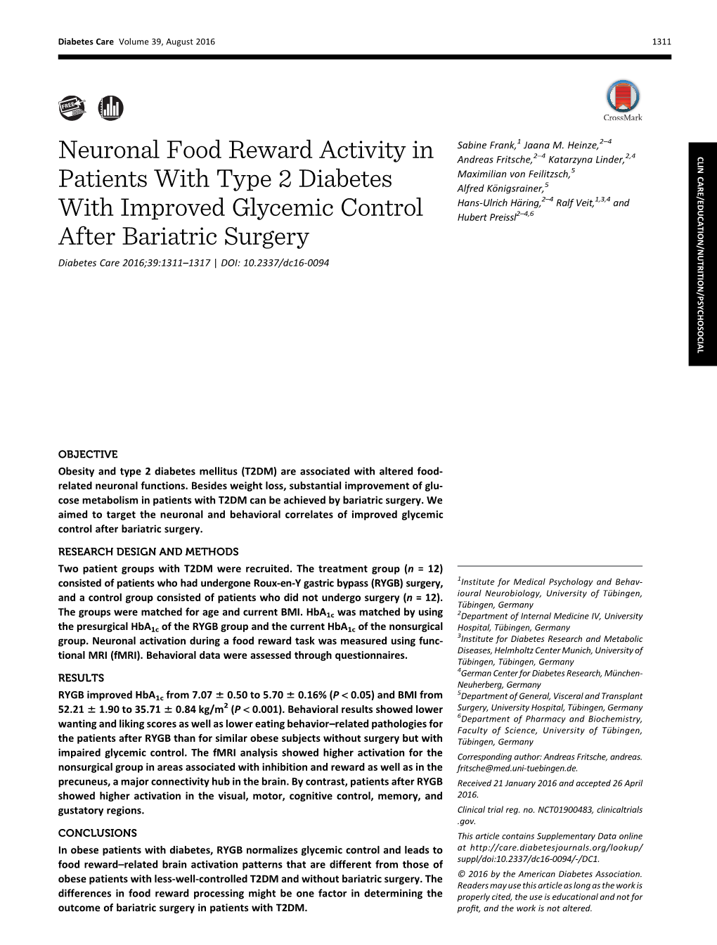Neuronal Food Reward Activity in Patients with Type 2 Diabetes With
