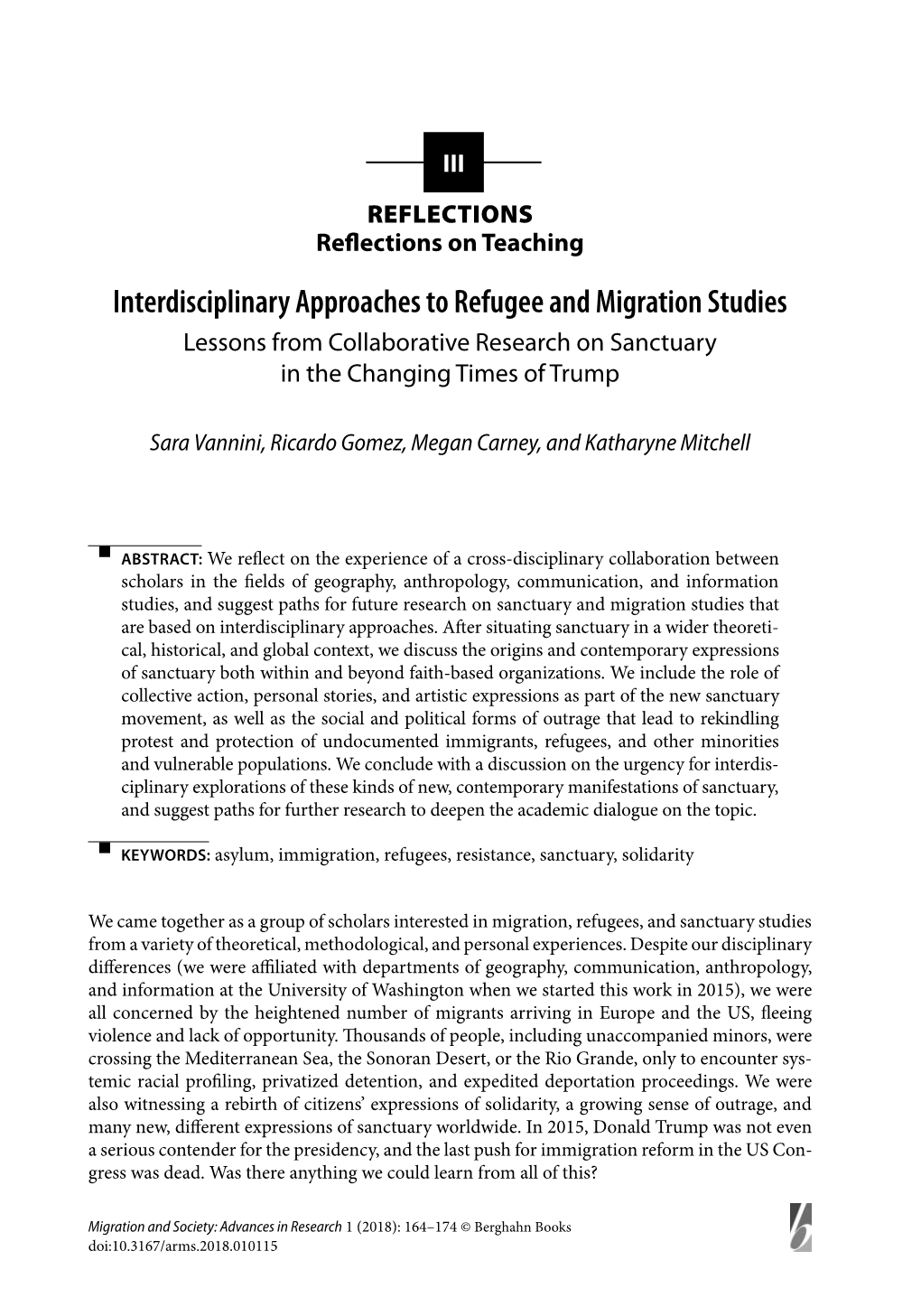 Interdisciplinary Approaches to Refugee and Migration Studies Lessons from Coll Aborative Research on Sanctuary in the Changing Times of Trump