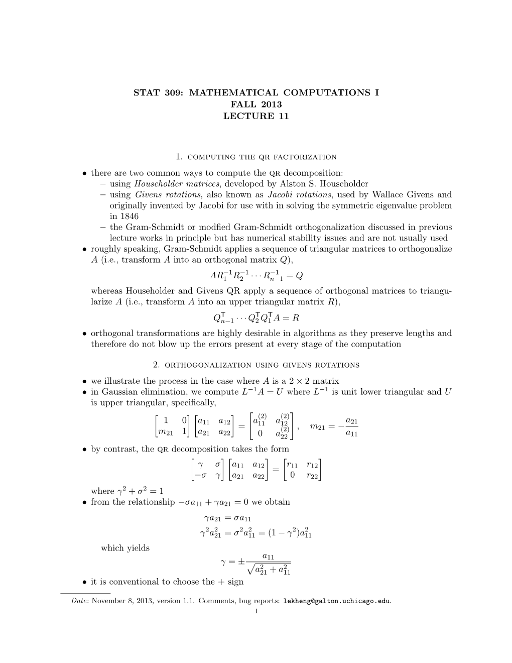 Stat 309: Mathematical Computations I Fall 2013 Lecture 11
