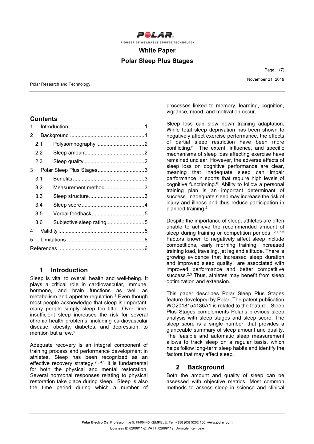 White Paper Polar Sleep Plus Stages Contents 1 Introduction 2 Background