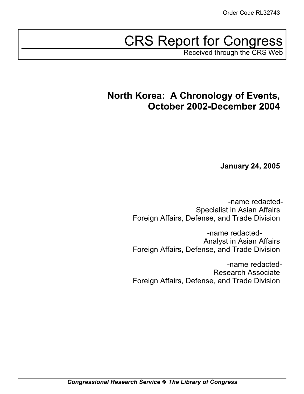 North Korea: a Chronology of Events, October 2002-December 2004