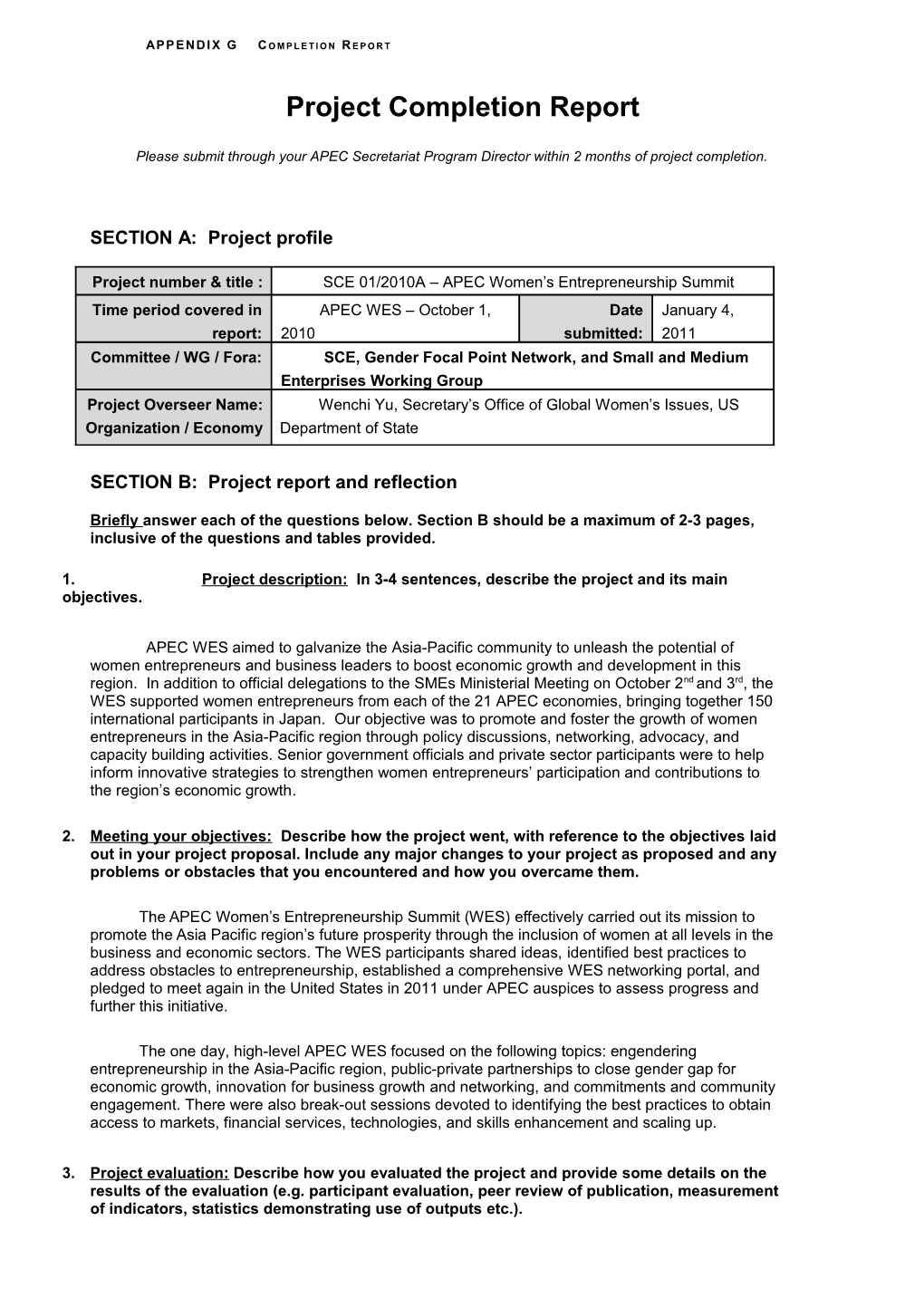 APPENDIX G Completion Report