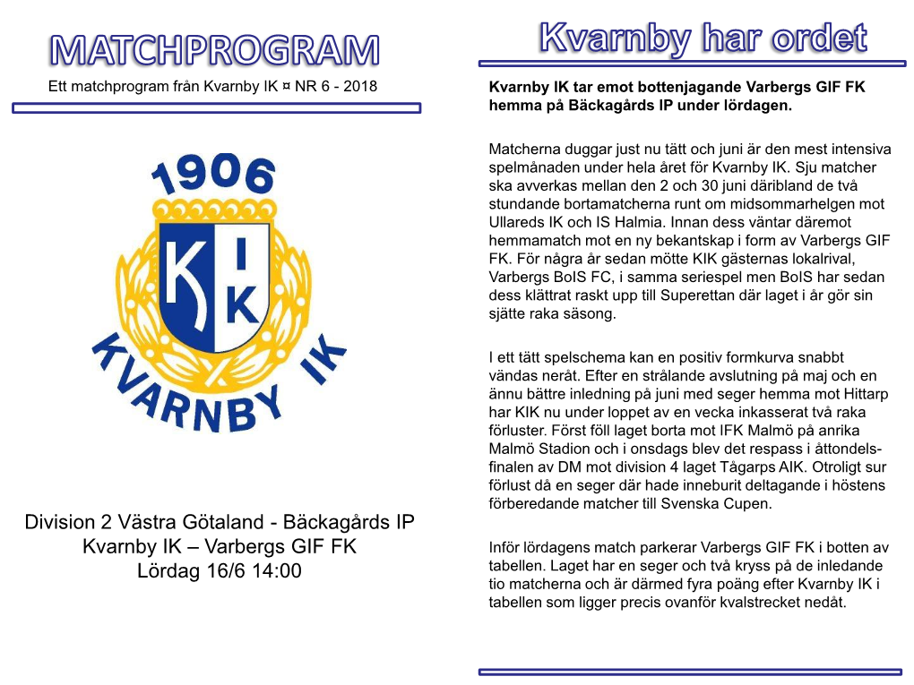 Bäckagårds IP Kvarnby IK – Varbergs GIF FK Lördag 16/6 14:00