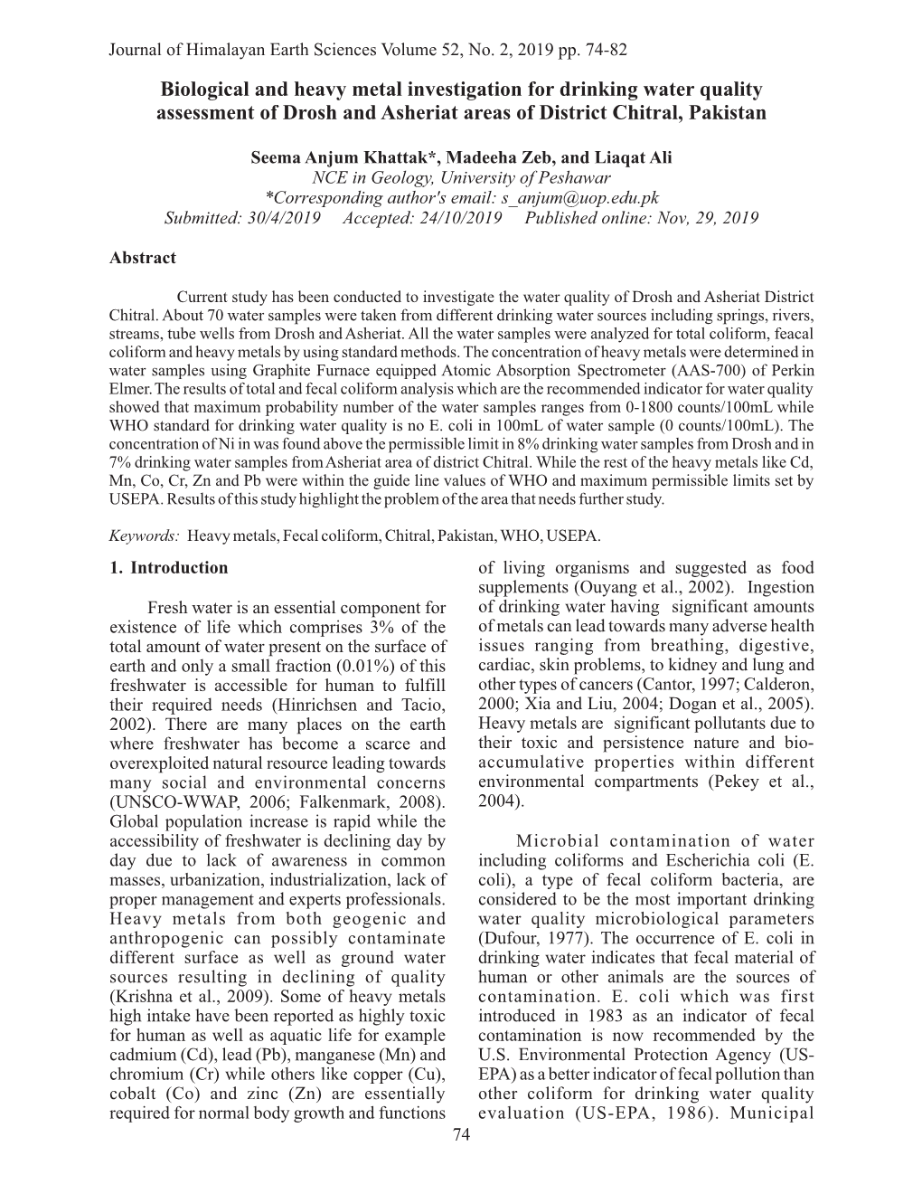 Biological and Heavy Metal Investigation for Drinking Water Quality Assessment of Drosh and Asheriat Areas of District Chitral, Pakistan