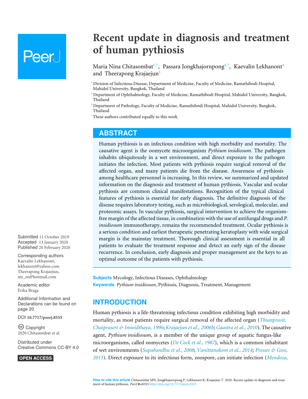 Recent Update in Diagnosis and Treatment of Human Pythiosis
