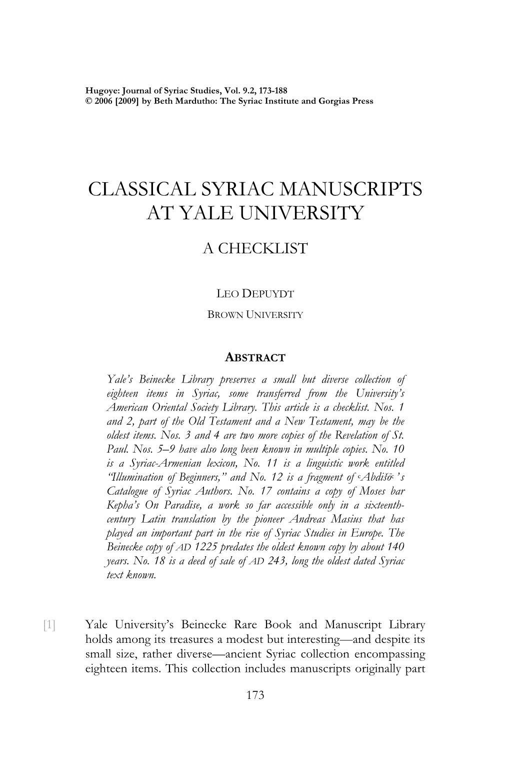 Classical Syriac Manuscripts at Yale University a Checklist