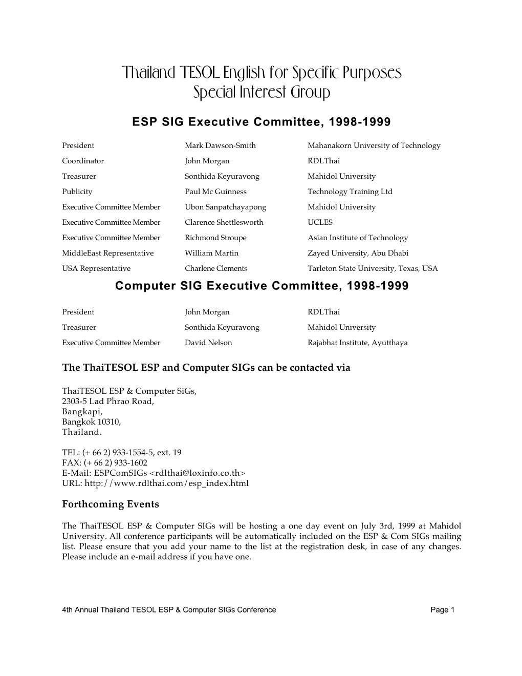 ESP SIG Executive Committee, 1998-1999