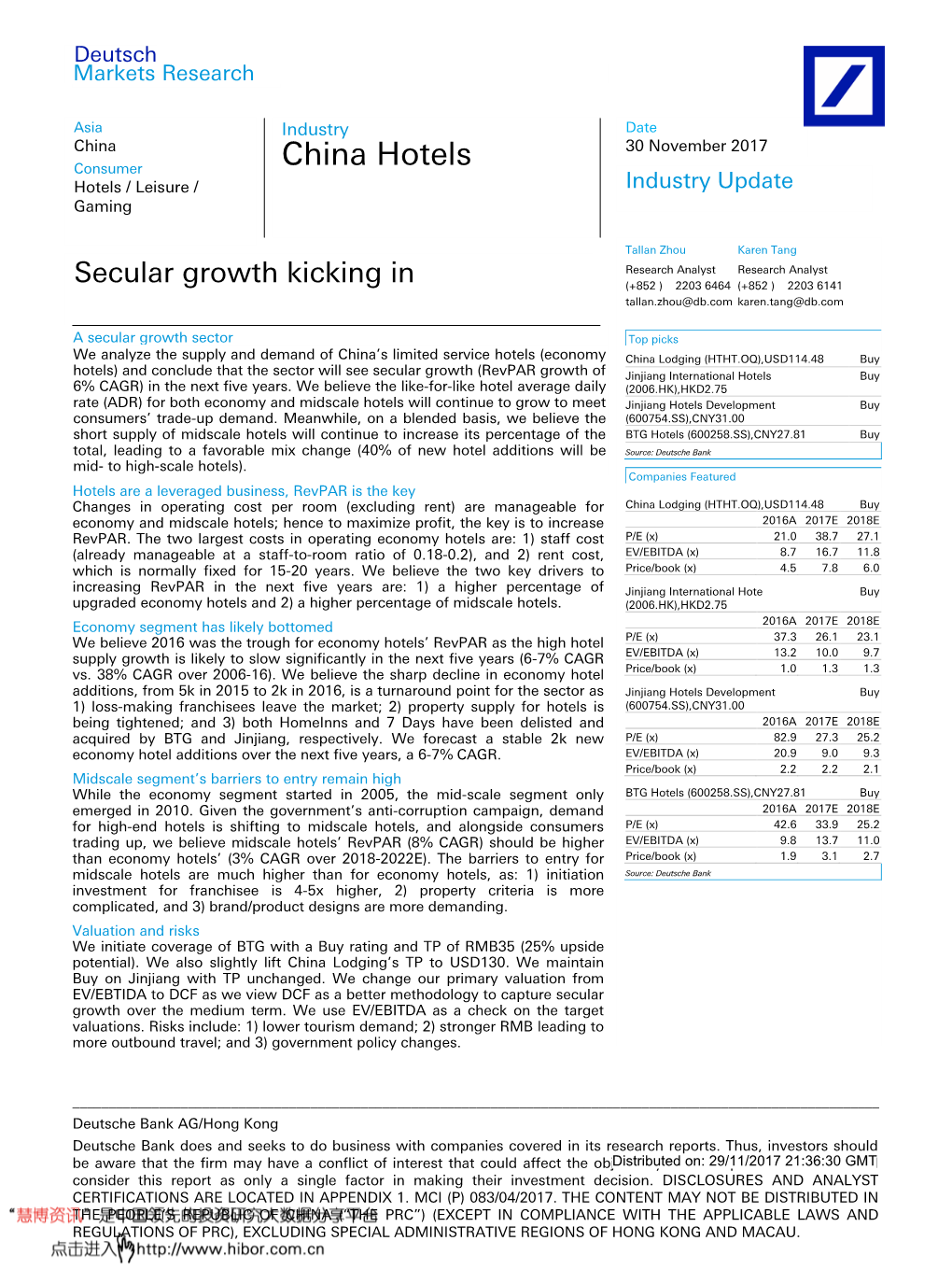 China Hotels Hotels / Leisure / Industry Update