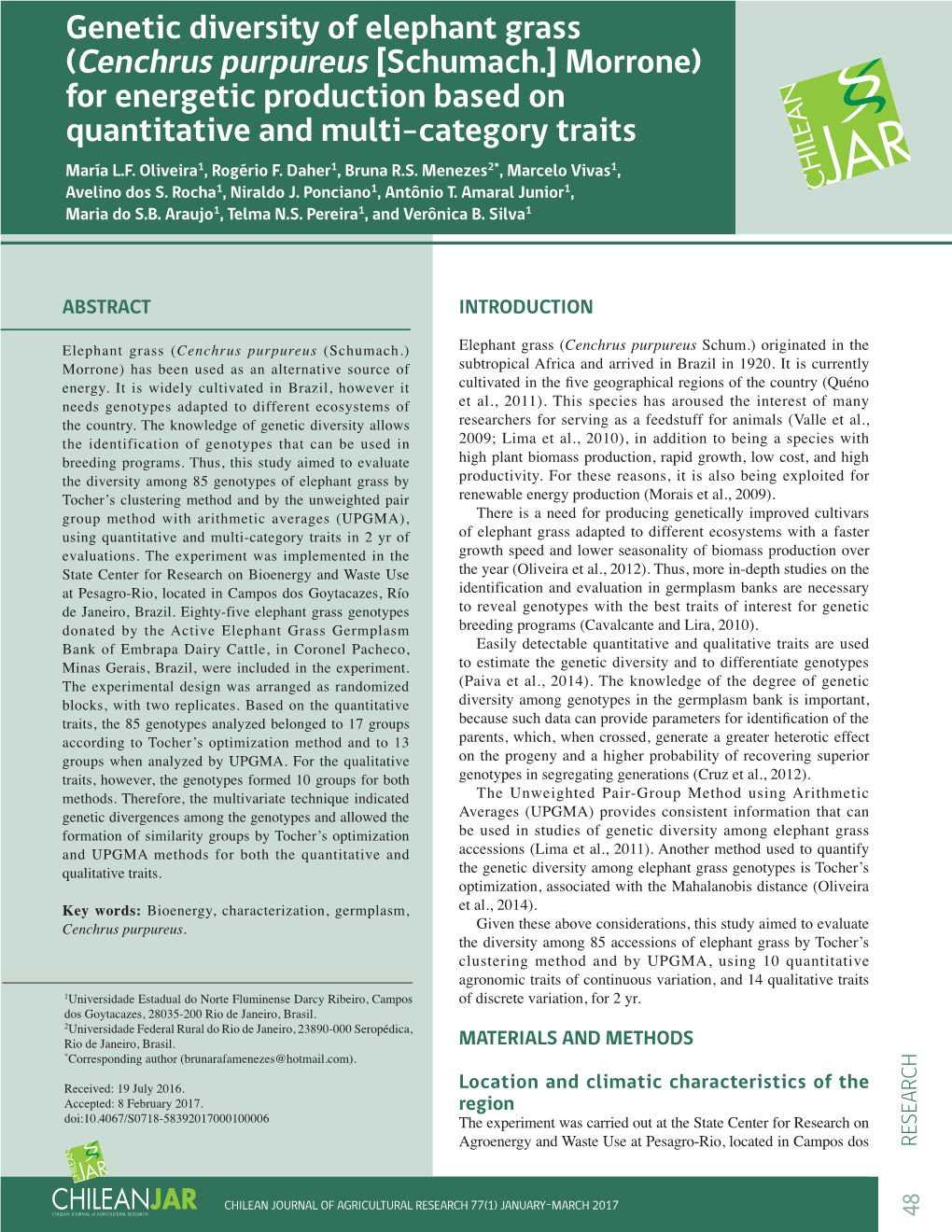 Genetic Diversity of Elephant Grass (Cenchrus Purpureus [Schumach.] Morrone) for Energetic Production Based on Quantitative