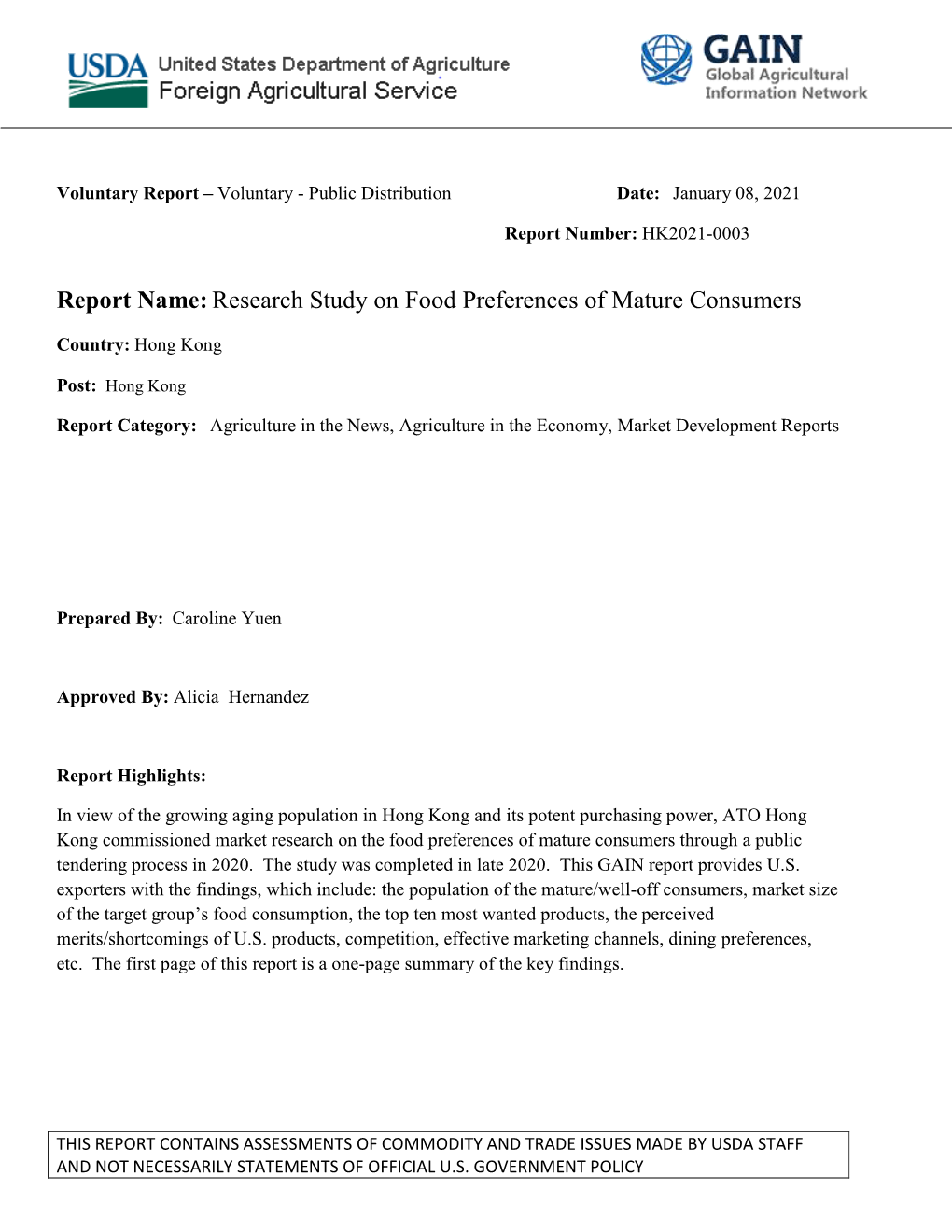 Research Study on Food Preferences of Mature Consumers