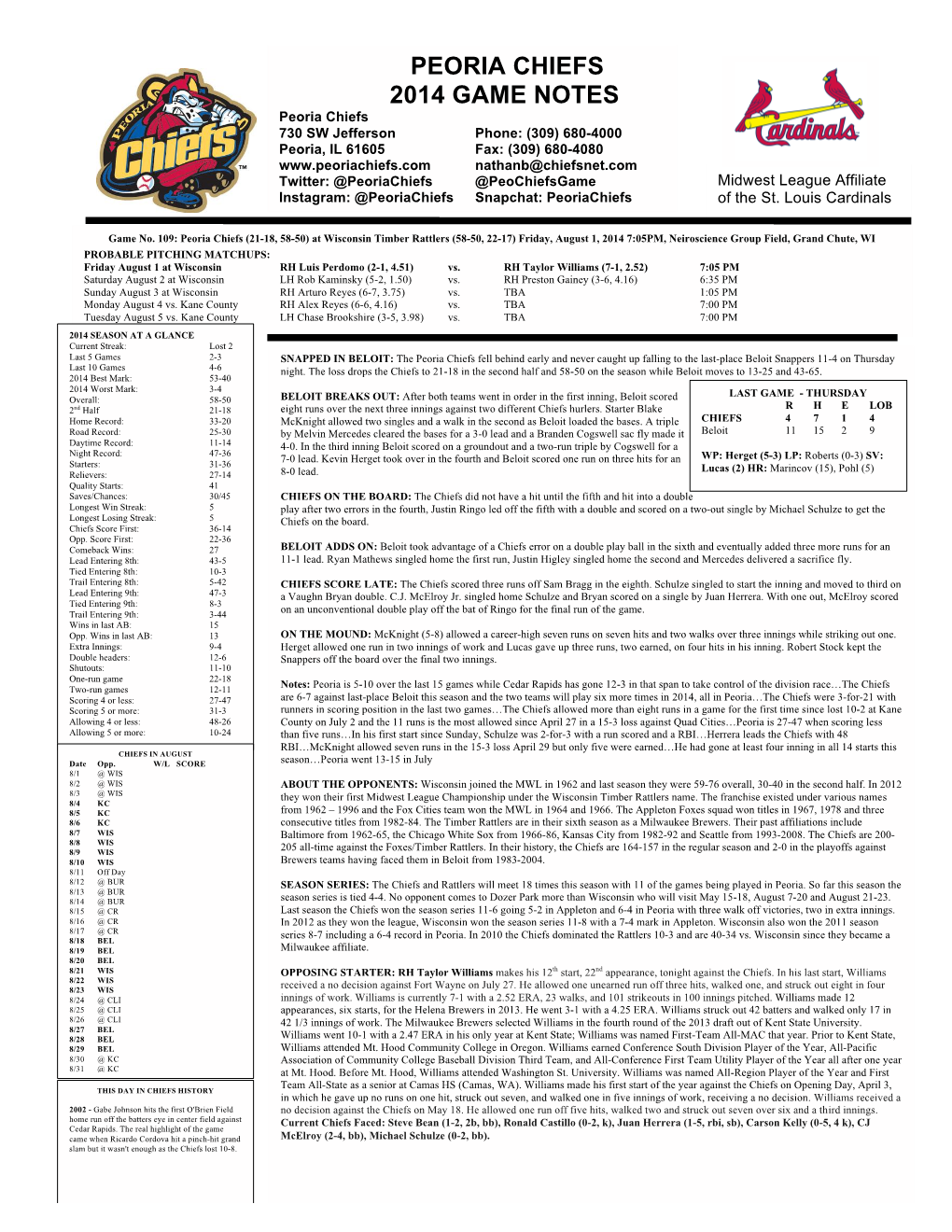 Peoria Chiefs 2014 Game Notes