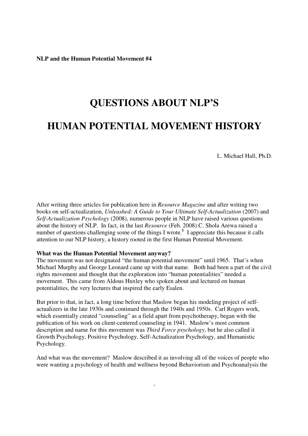 Questions About Nlp's Human Potential Movement History