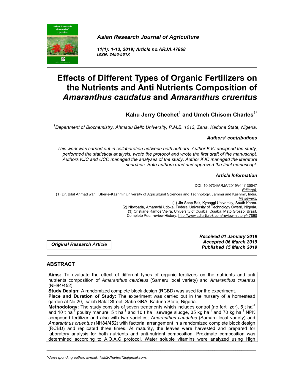 Effects of Different Types of Organic Fertilizers on the Nutrients and Anti Nutrients Composition of Amaranthus Caudatus and Amaranthus Cruentus