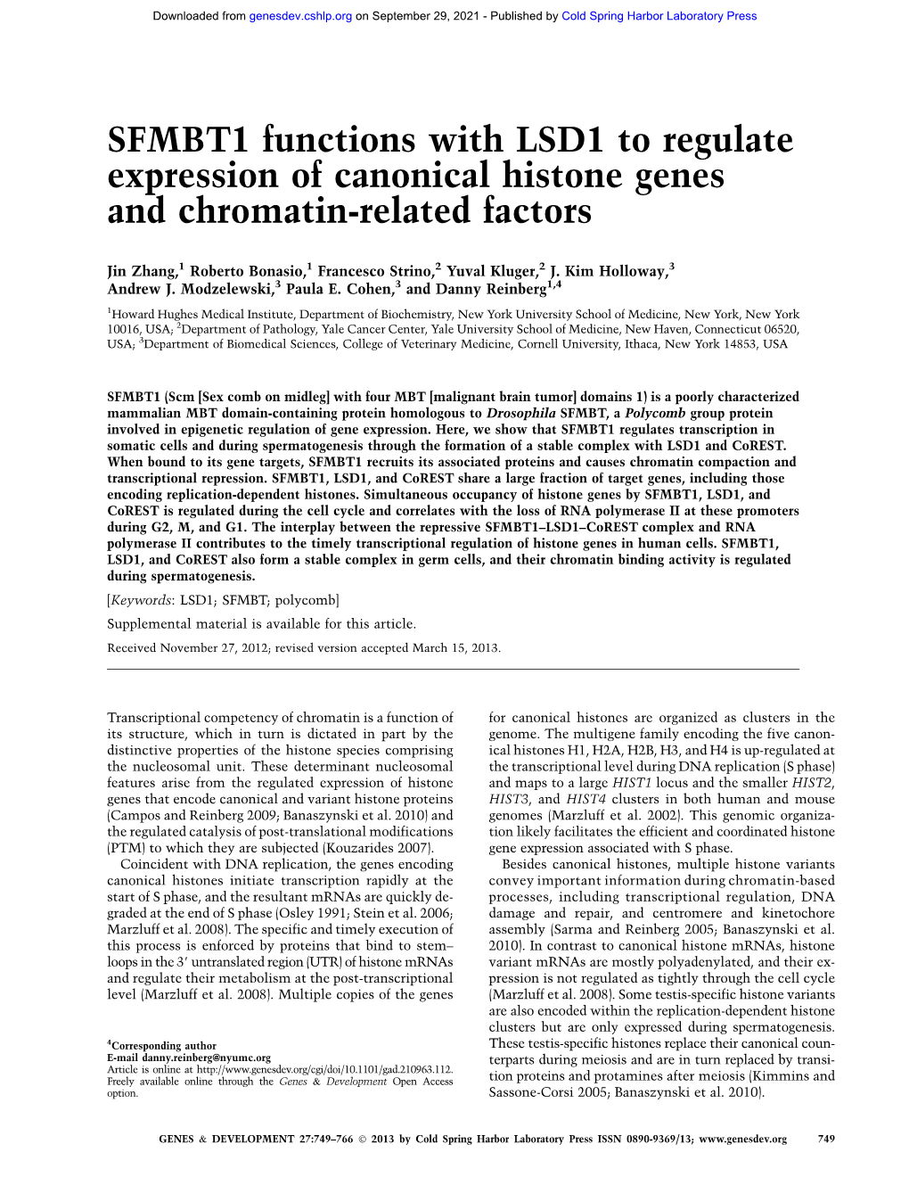 SFMBT1 Functions with LSD1 to Regulate Expression of Canonical Histone Genes and Chromatin-Related Factors