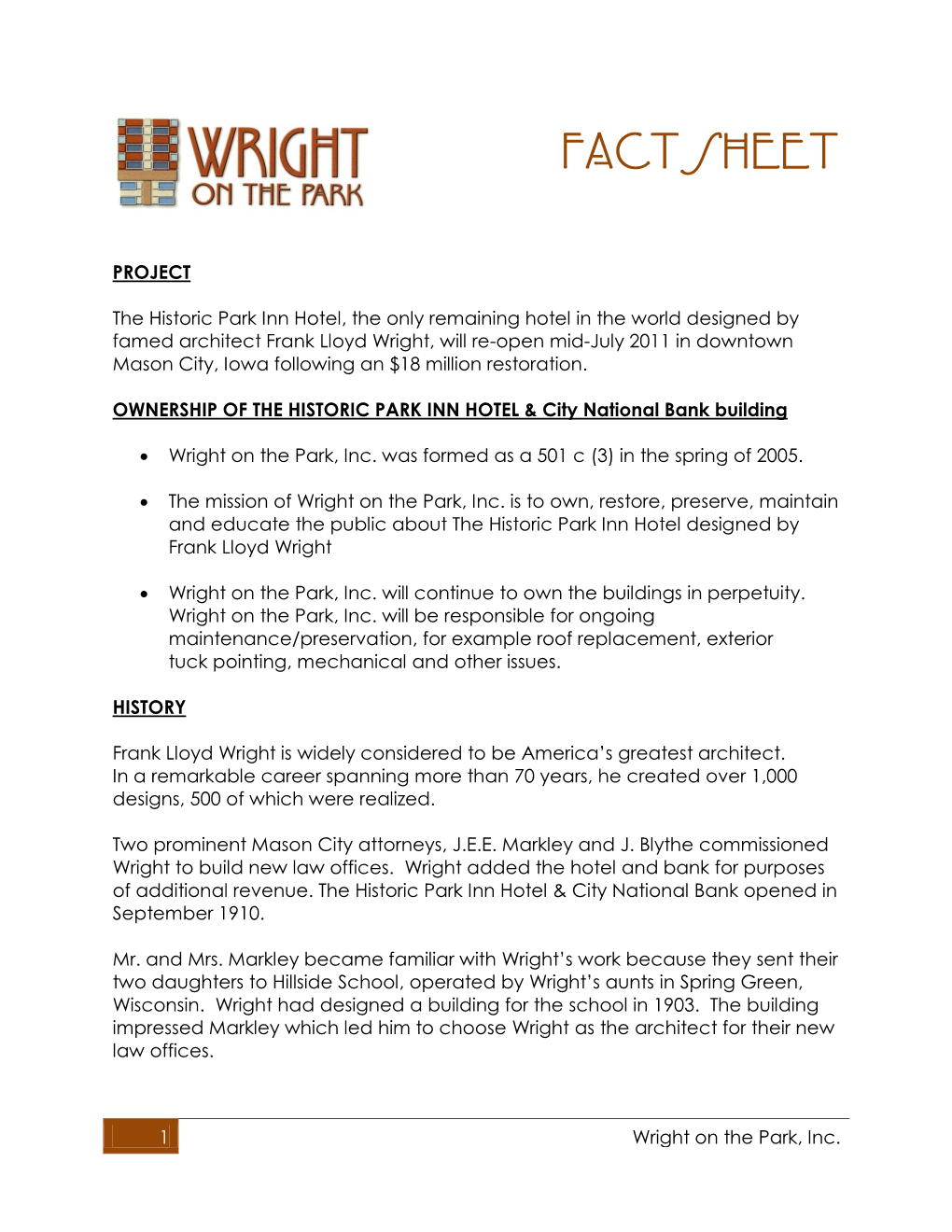 The Historic Park Inn Hotel Fact Sheet