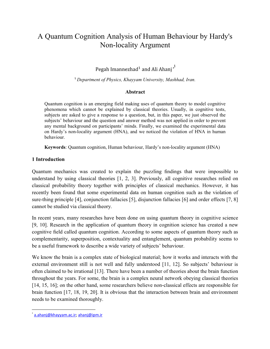 A Quantum Cognition Analysis of Human Behaviour by Hardy's Non-Locality Argument