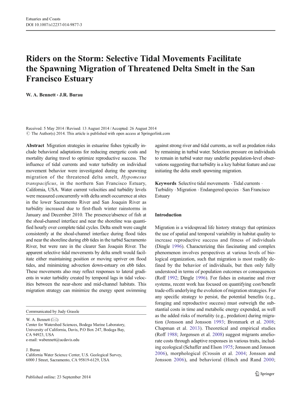 Selective Tidal Movements Facilitate the Spawning Migration of Threatened Delta Smelt in the San Francisco Estuary