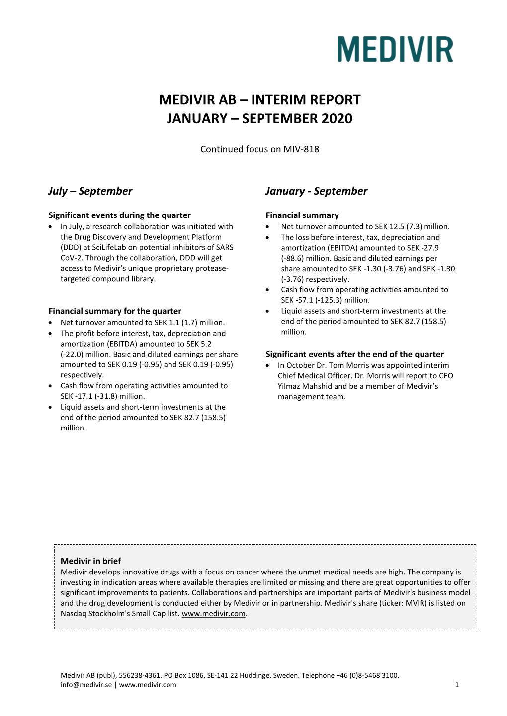 Interim Report January – September 2020