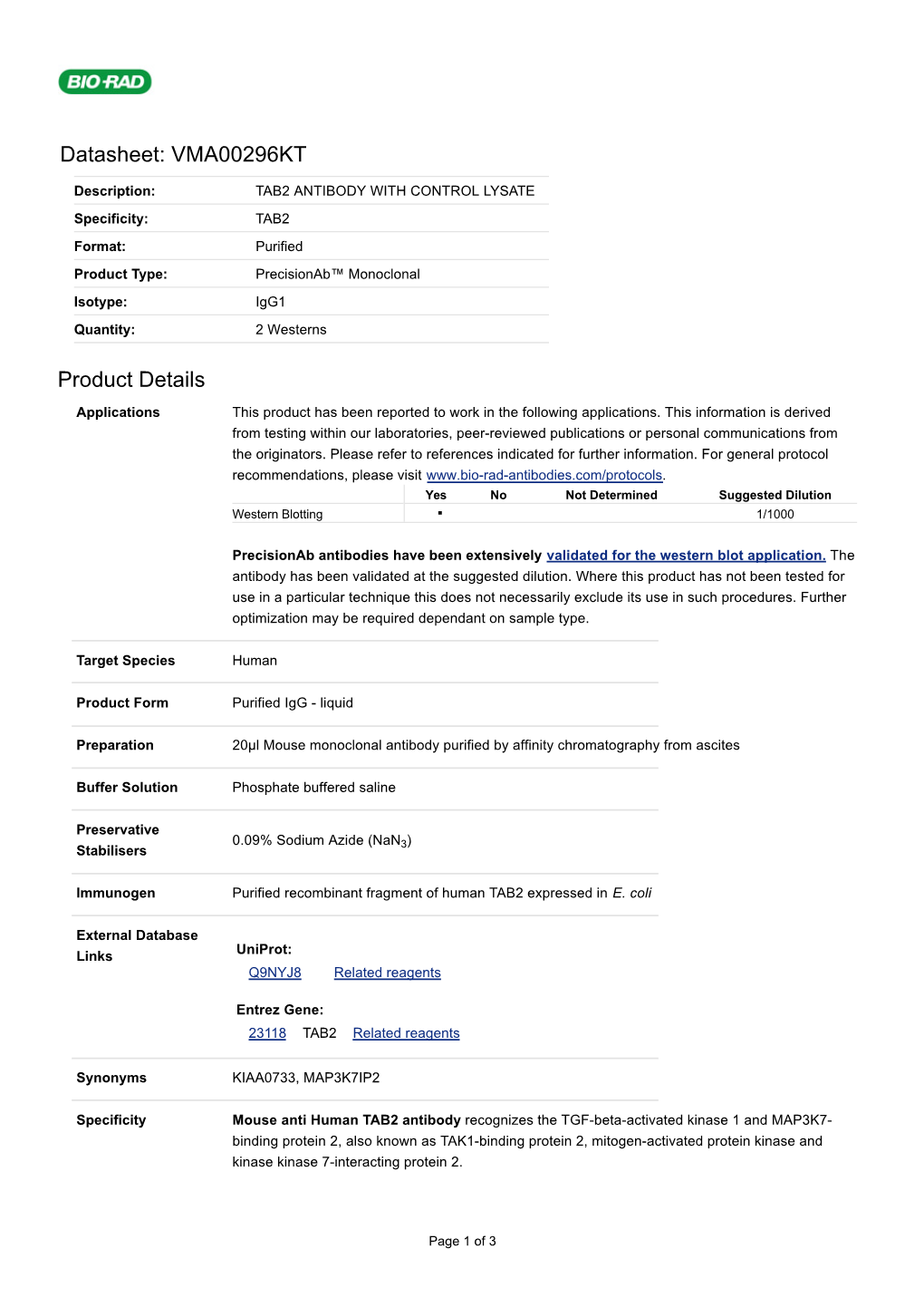 Datasheet: VMA00296KT Product Details